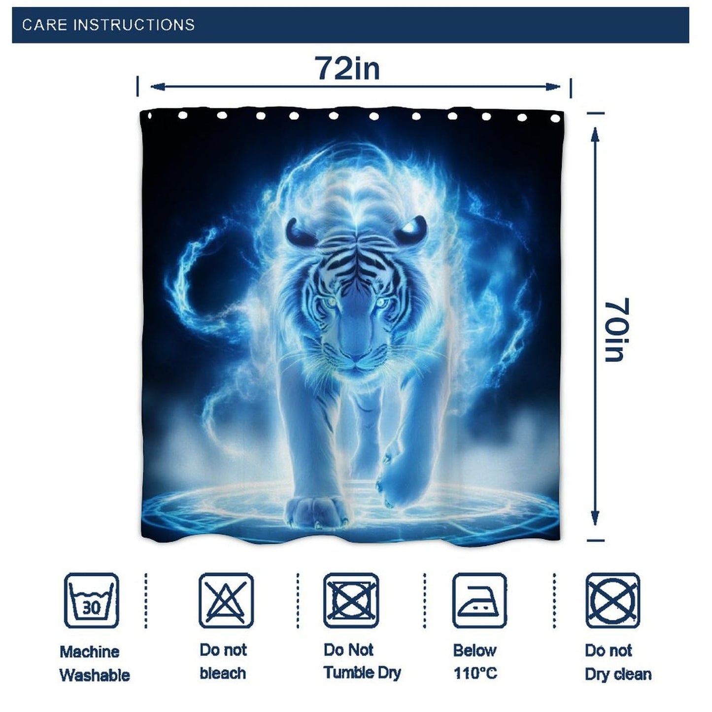 Fashion Hotel Bathroom Decorative Shower Curtain with Hooks, Blue Ice Fire Tiger Art Waterproof Lightweight Shower Curtain