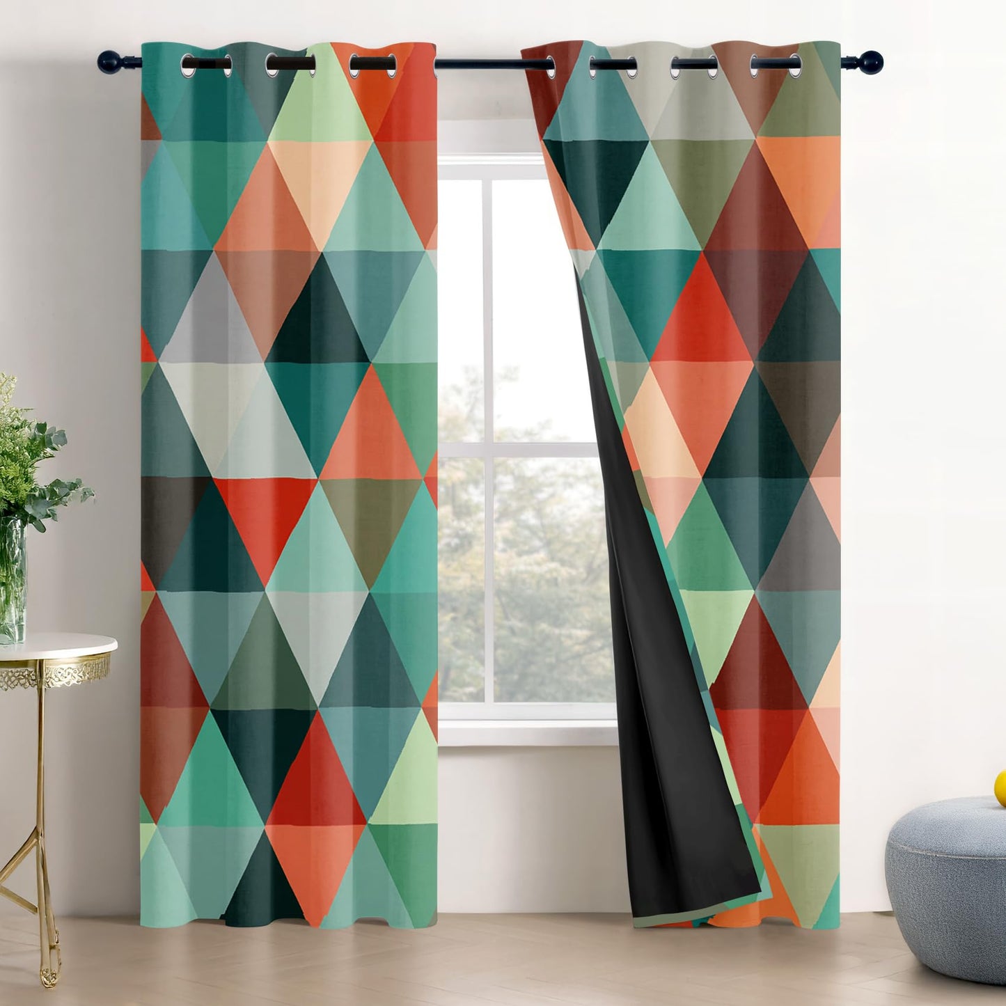 Solvivae Mid Century Blackout Curtains for Bedroom Living Room, Colorful Retro Geometric Patterned Window Treatments, Room Darkening Thermal Insulated Grommet Drapes, 45 Inch Curtains 2 Panel Set