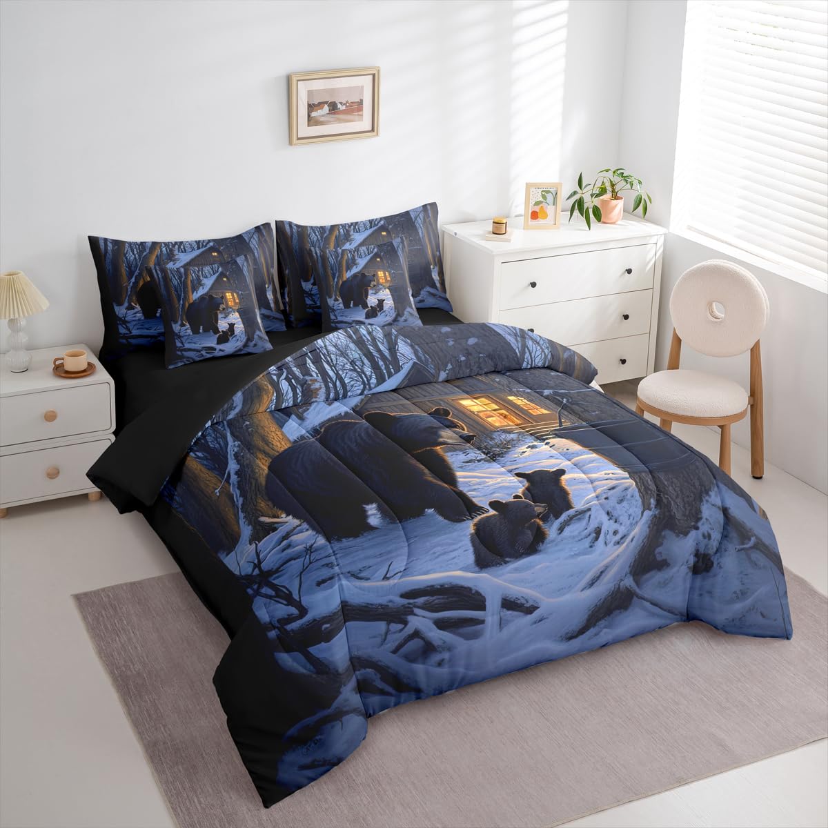 Erosebridal Black Bears 7 Piece Bedding Set Twin Cabin Comforter Set with Sheets Barrel Snow Woodland Trees Lights Bed in a Bag Winter Theme Wildlife Black for Kids Boys Girls