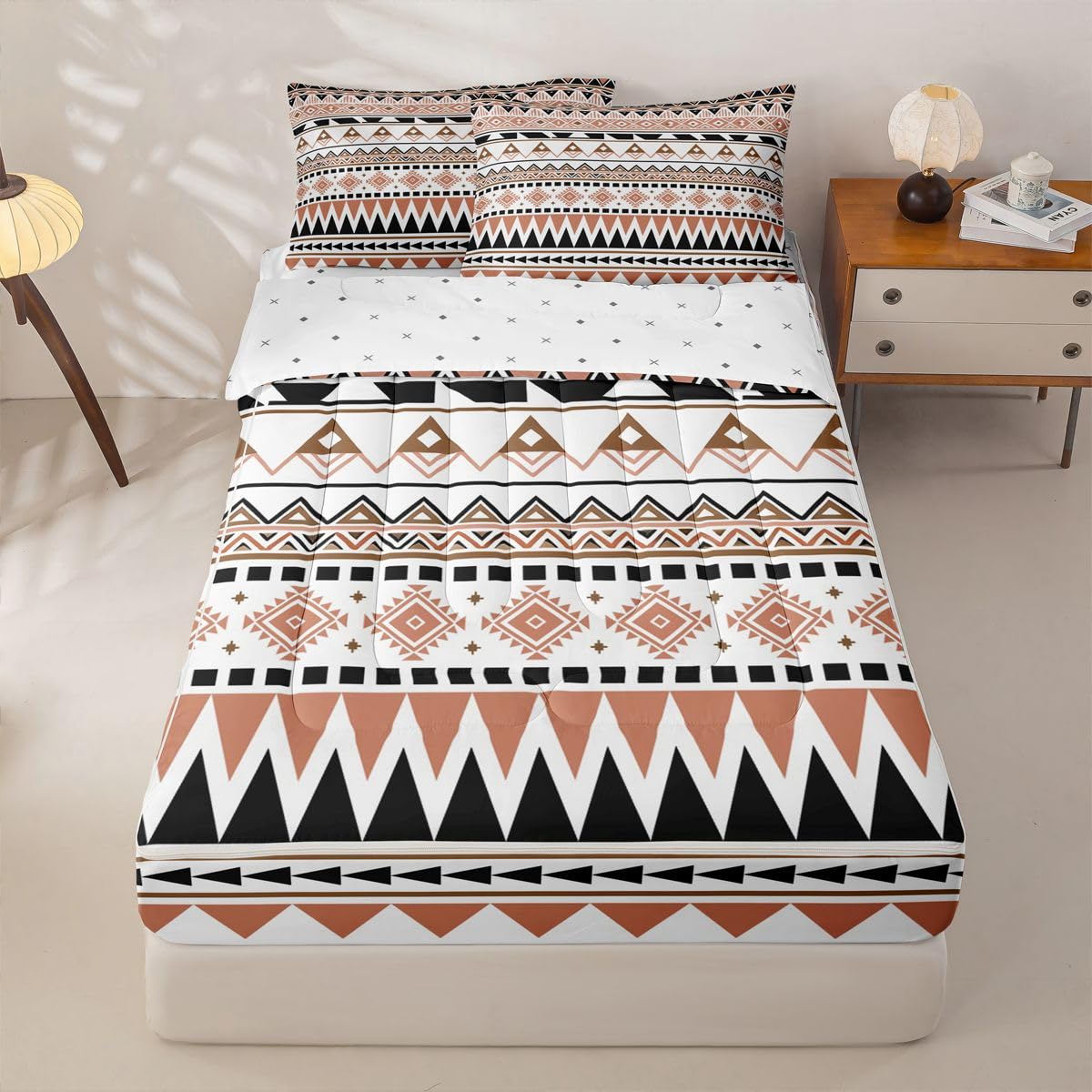 Western Zipper Bedding Set Queen Zip Up Bedding Ethnic Tribal Arrow Comforter Set Vintage Exotic Geometric Triangle Bed in a Bag African Indian Tribal Sriped Rhombus Bed Set with Comforter and Sheets