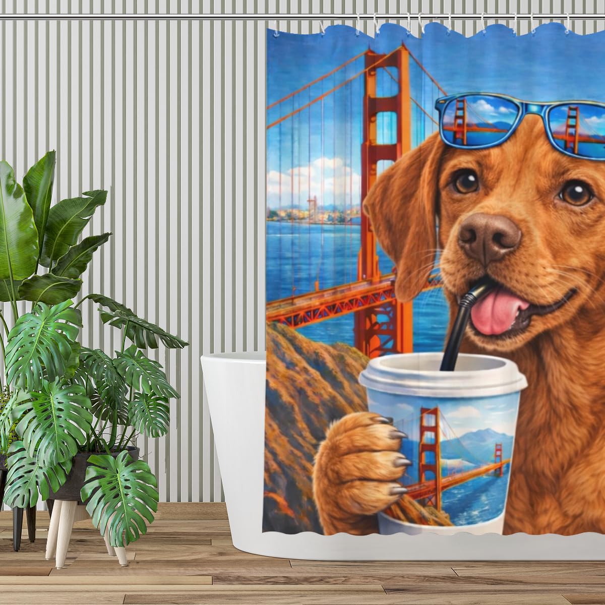 LFINKARTGOGO Golden-Gate-Bridge Vizsla-Dog Shower Curtain 72x72 Inch with 12 Hooks Coastal Cityscape Bathroom Decor Cute Puppy Waterproof Washable Polyester Bath Curtain