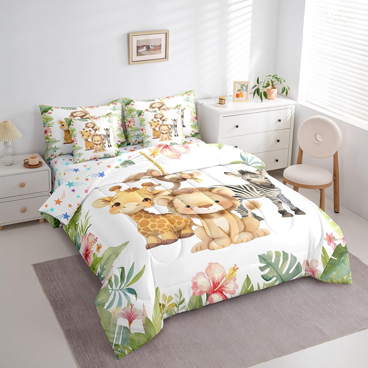 Erosebridal Lovely Cartoon Animal Twin Size Comforter Set with Sheets Teens - Cute Giraffe Lion 7-Piece Bedding Set Palm Leaves Pink Flowers Bed in a Bag Nursery Jungle Zebra Monkey Bed Quilt Sets