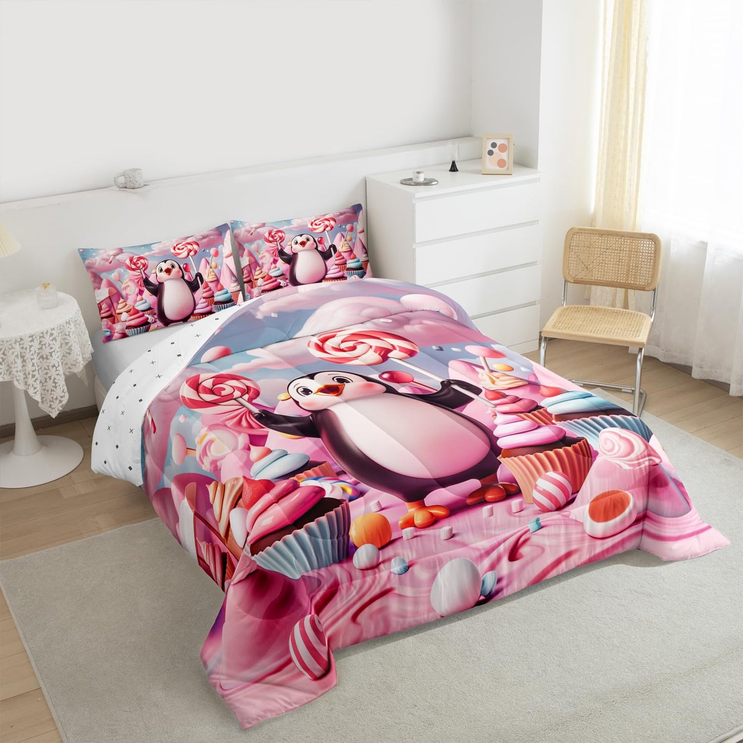 Erosebridal Funny Penguin Bedding Set Queen Antarctic Animal Theme Comforter Set for Kids Boys Girls Cartoon Penguin Down Comforter,Dessert Candy Quilt Duvet
