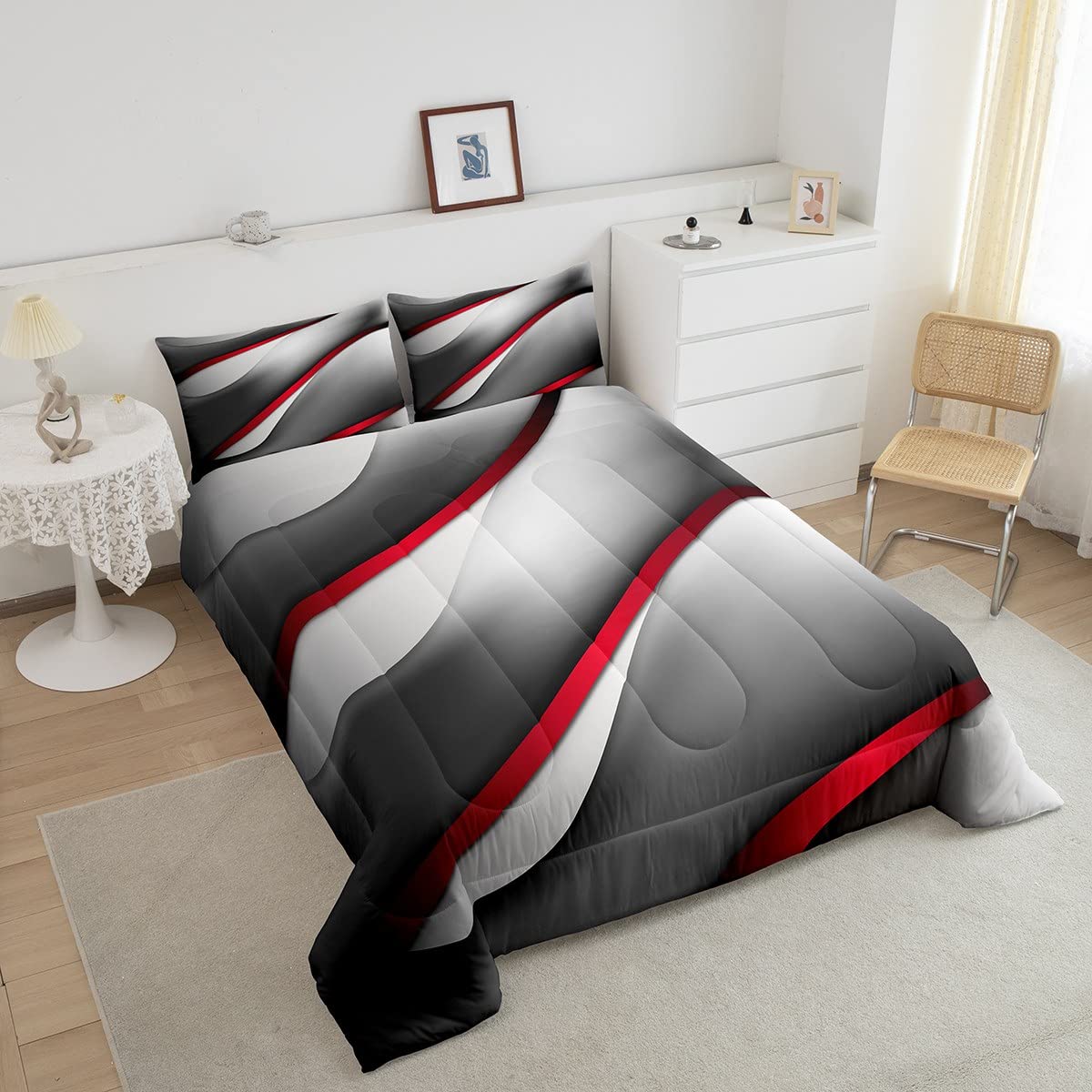 Castle Fairy Modern Gray Red Black Comforter Set Full Size Abstract Stripes Quilt Set 3pcs for Kids Youth Men Women Bedroom Decor 3D Stripes Bedding Set Gradient Simple Duvet Insert,2 Pillowcases