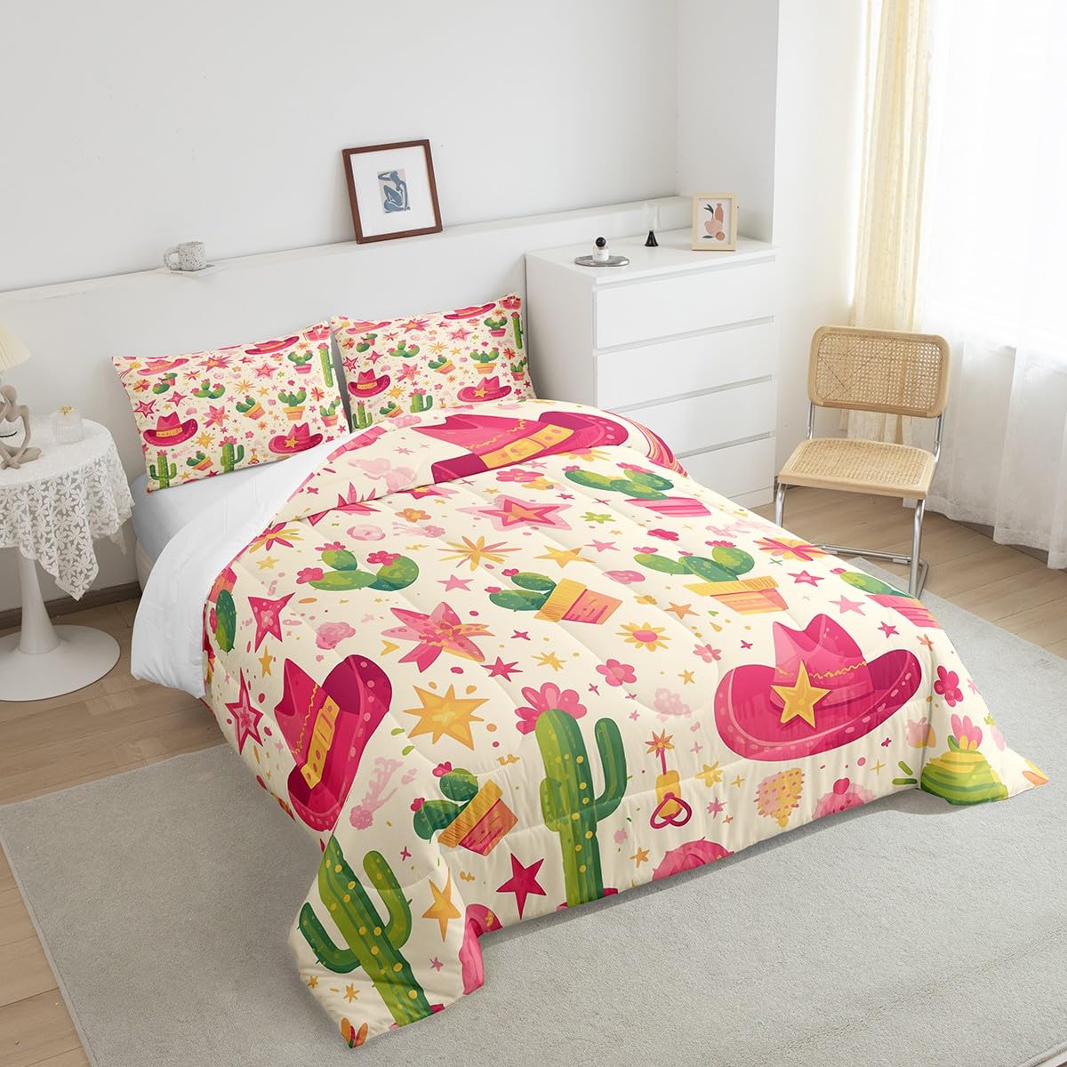 jejeloiu Girls Pink Western Decor Comforter Set Wild West Cowgirl Hat Boots Bedding Set Full Size for Kids Boys Teens Rodeo Cowgirl Style Comforter Grunge Design Duvet Set with 2 Pillow Case
