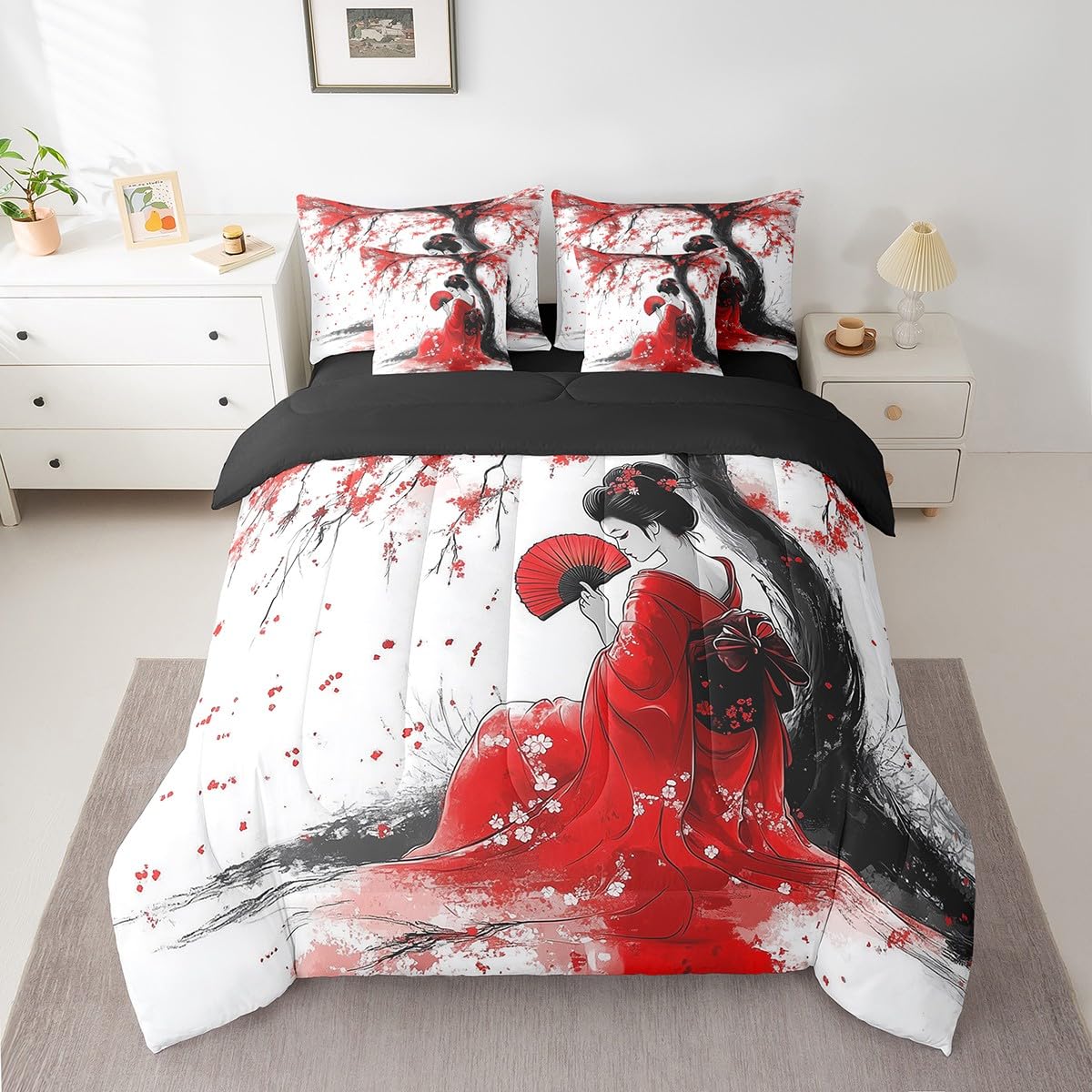 Erosebridal Aesthetic Japan Geisha Comforter Set Twin,Red Cherry Blossom Bedding Set 7Pcs for Kids Teens Adults,Japanese Woman Kimono Quilt,Tradition Ukiyoe Bed in a Bag