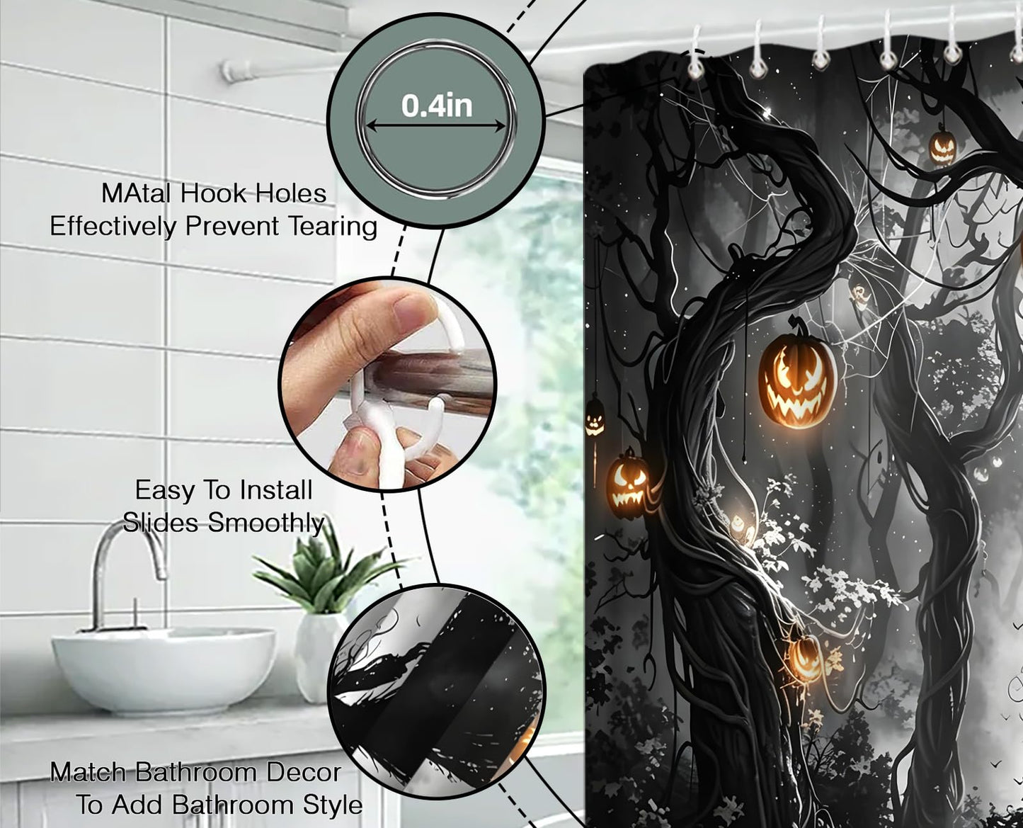 DSMEUE Halloween Witch Shower Curtain,Spooky Haunted Forest with Pumpkin Decor for Bathroom,Dark Gothic Black Orange Fabric Curtain with Hooks,70x70 Inch