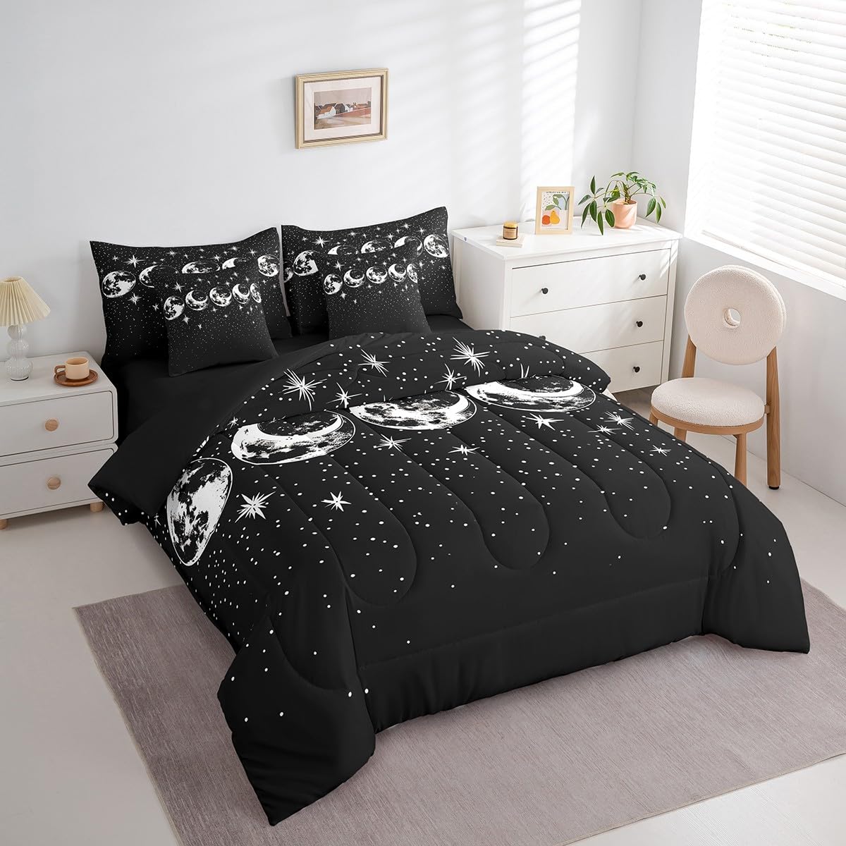 Erosebridal Starry Sky 7 Piece Comforter Set Full Bed in a Bag,Sun Moon Bedding Sets Aesthetic Galaxy Series Sheet Set with Comforter