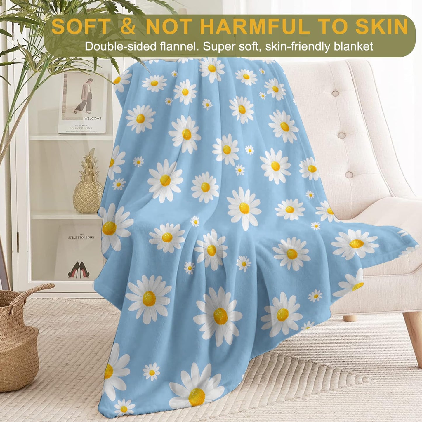 ainori Daisy Flower Flannel Blanket - Floral Design with White Daisies on Blue Background Throw - Soft Cozy Gifts Blankrts for Spring Decor, Nature Lovers, and Bright Home Room Accents 50x60in