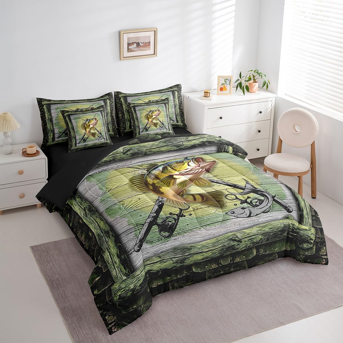 Feelyou Fishing and Hunting 7 Pieces Bedding Set Queen Size,Pike Fish Bed in a Bag Set Decor,Bass Big Fish Bed Set Includes Comforter, Sheet Set, Pillowcases Rustic Wooden Bedroom Green