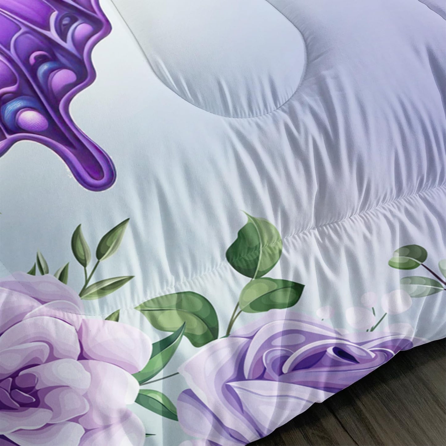 UEVBF Beautiful Butterfly Bedding Comforter Set Twin Size,Blossoming Flowers Pattern Bedding Set for Kids Girls Toddlers Room Decor,Nature Insect Themed Bed Comforter Sets with 2 Pillowcases.