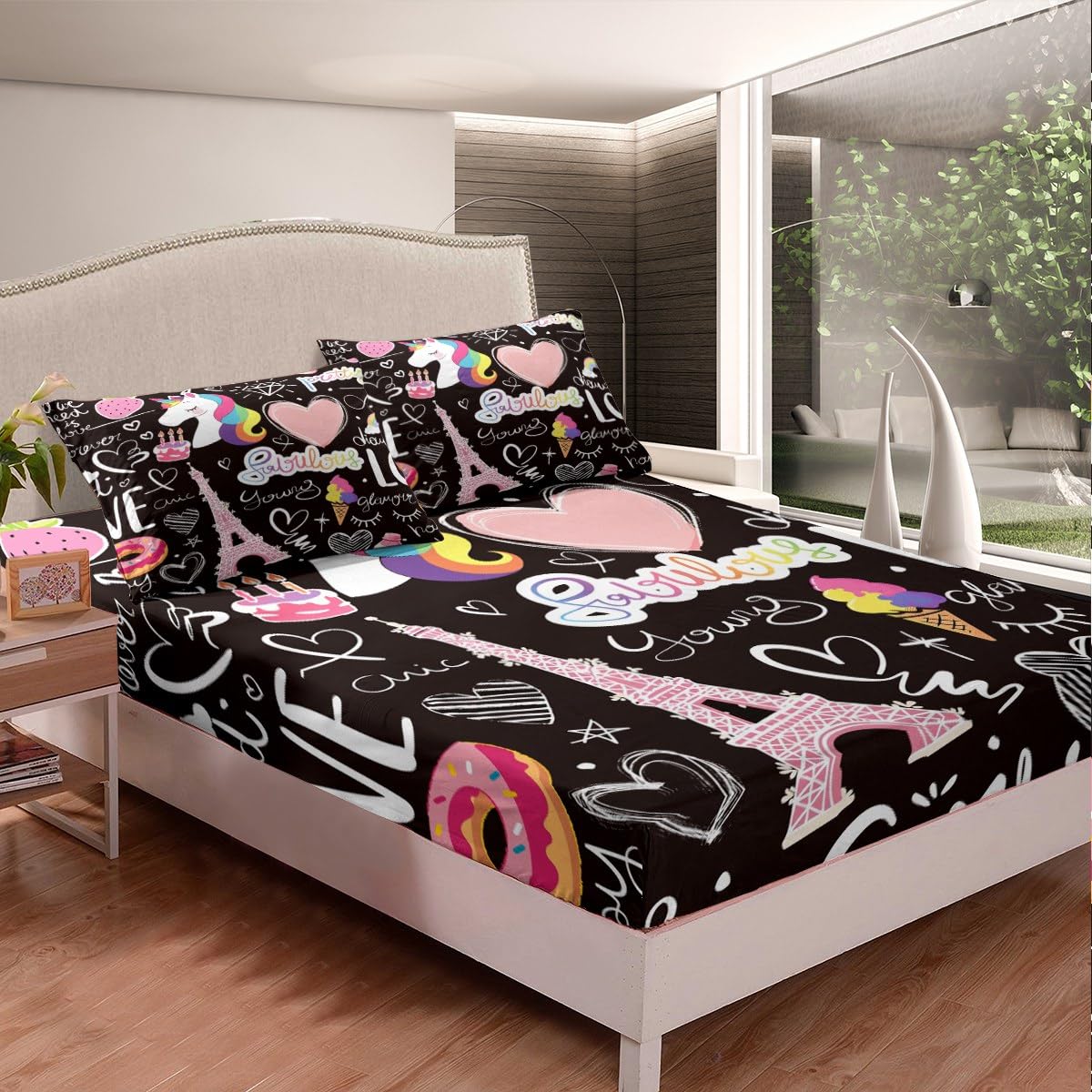 Manfei Kids Eiffel Tower Sheet Set Pink Love Strawberry Unicorn Decor Fitted Sheet Paris Tower Bedding Set 2pcs for Girls Soft Polyester Bed Sheets (1 Fitted Sheet + 1 Pillow Case) Twin Size