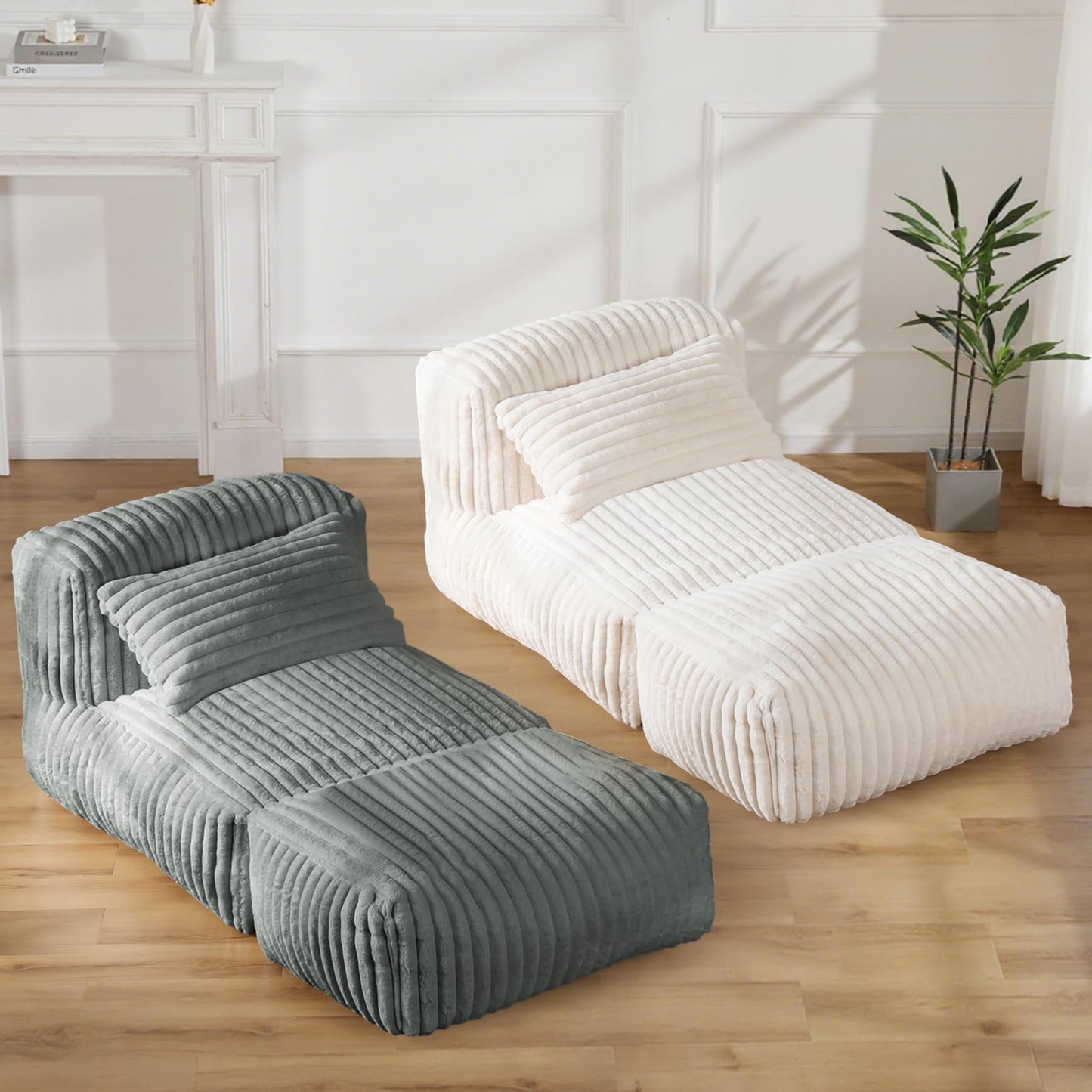 Big Bean Bag Lounger Sofa with Pillow, Large Bean Bag Chairs for Adults, Oversized Beanbag Sofa, Comfy Bean Bag Couch with Memory Foam Filled for Living Room, Bedroom, Gray