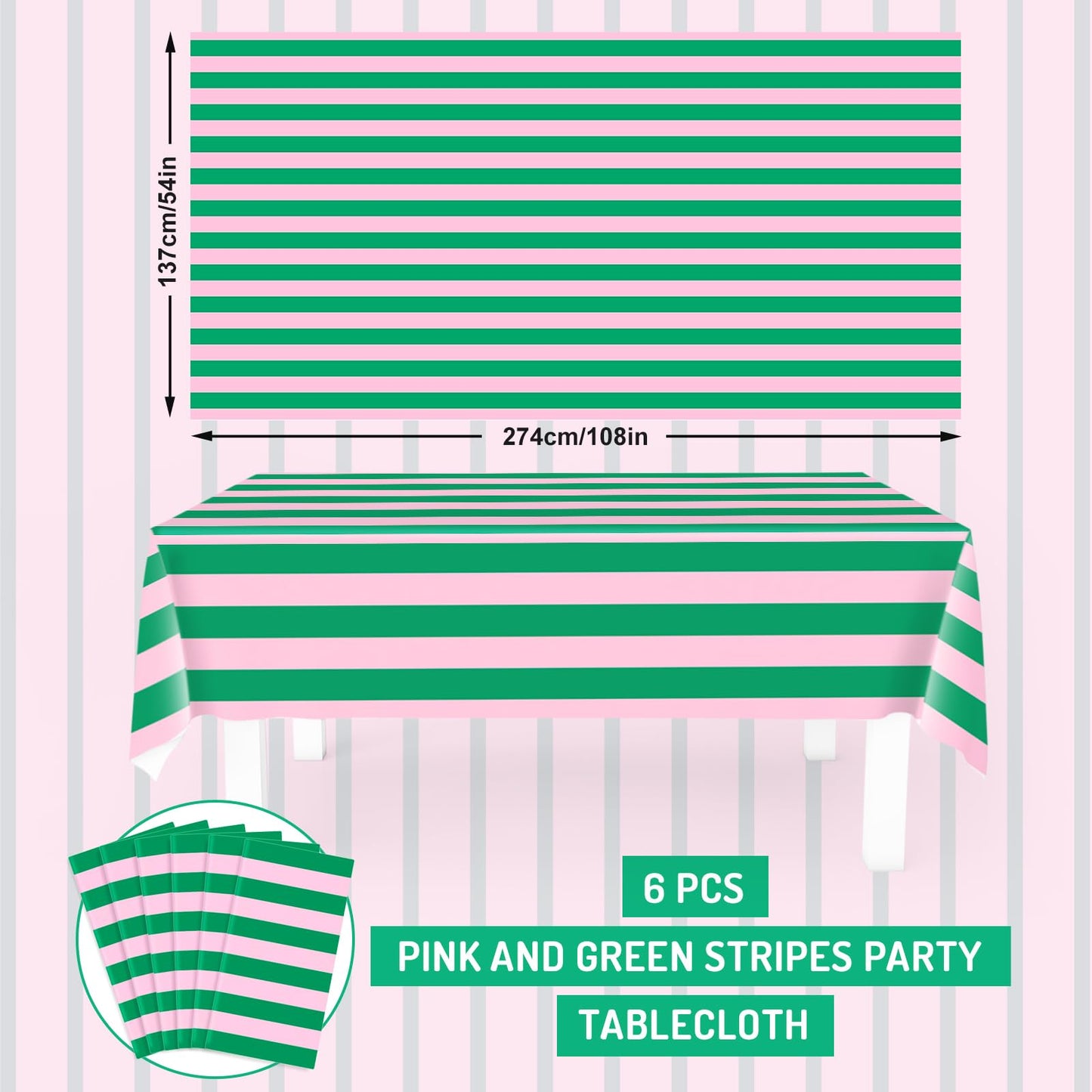 JarThenaAMCS 6Pcs Stripe Plastic Tablecloth Disposable Table Cloth Pink Green Rectangle Table Cover for Birthday Baby Shower Wedding Party Picnic Supplies, 54 x 108 Inch