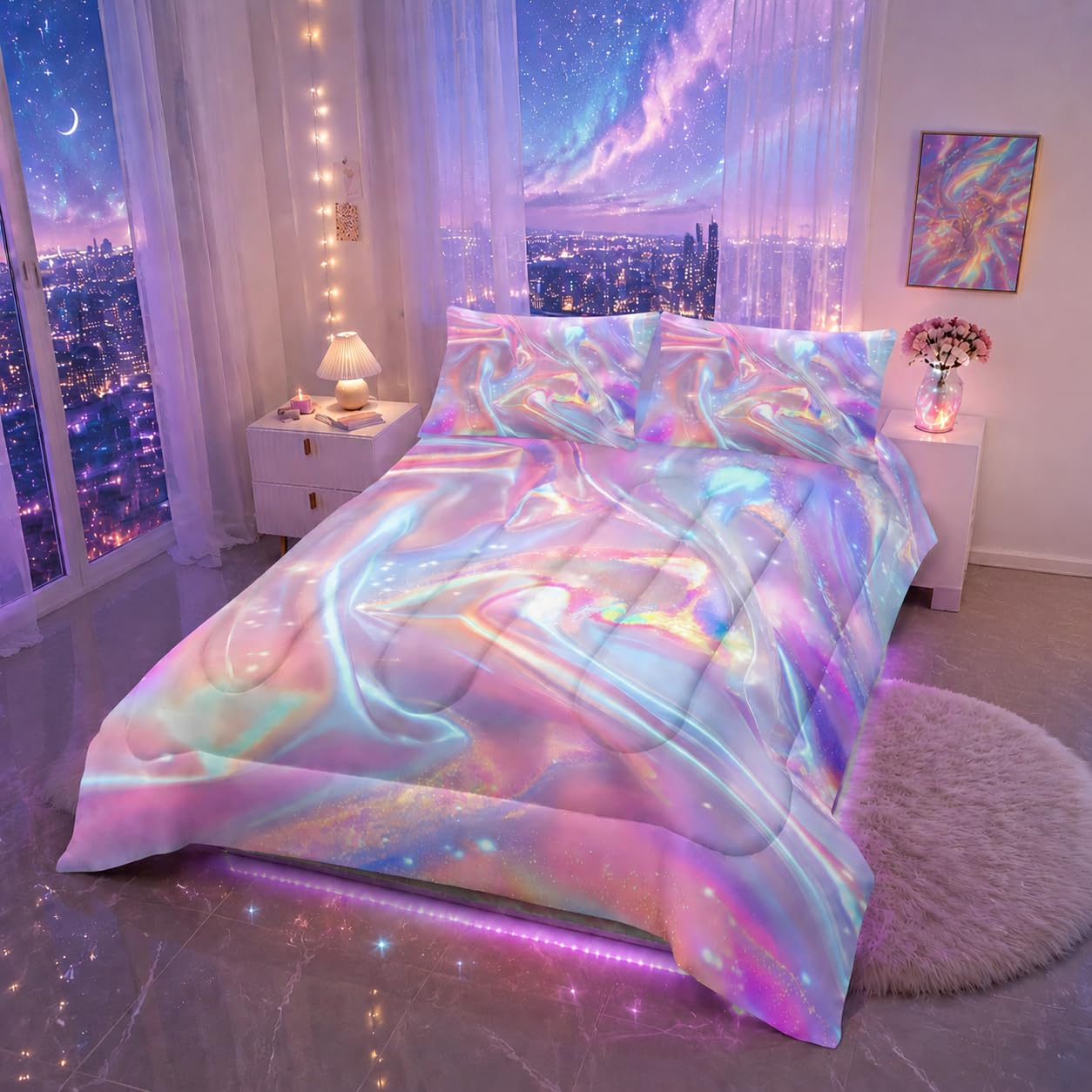 Nttopship Pink Abstract Art Comforter Modern Abstract Comforter Set,Rainbow Gradient Star Bedding Set Full Size 3PCS,Mordern Art Decor All Season Lightweight Soft Microfiber with 2 Pillow Shams