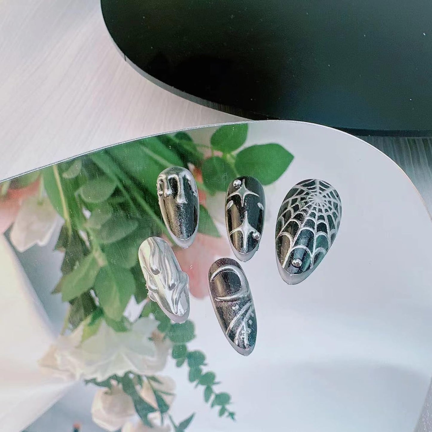 Black Gothic Press on Nails, Medium Almond Silver Fake Nails with Spider Web Moon Star Swirl Chrome Drip Rhinestone Designs, Punk Goth Y2K False Nails with Glue Tabs - 24Pcs Nail Kit for Women