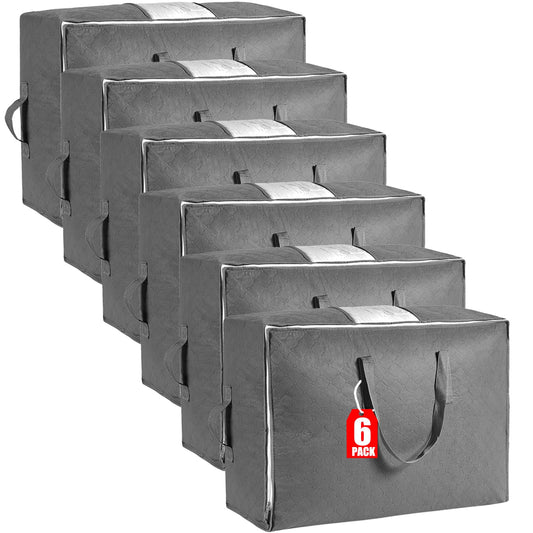 105L Extra Large Storage Bags for Blankets, King Comforters, Bedding, Clothes, Pillows, Sheets - Closet Organizers and Storage with 4 Handles & Clear Window, Foldable & Breathable (Grey, 6pack)