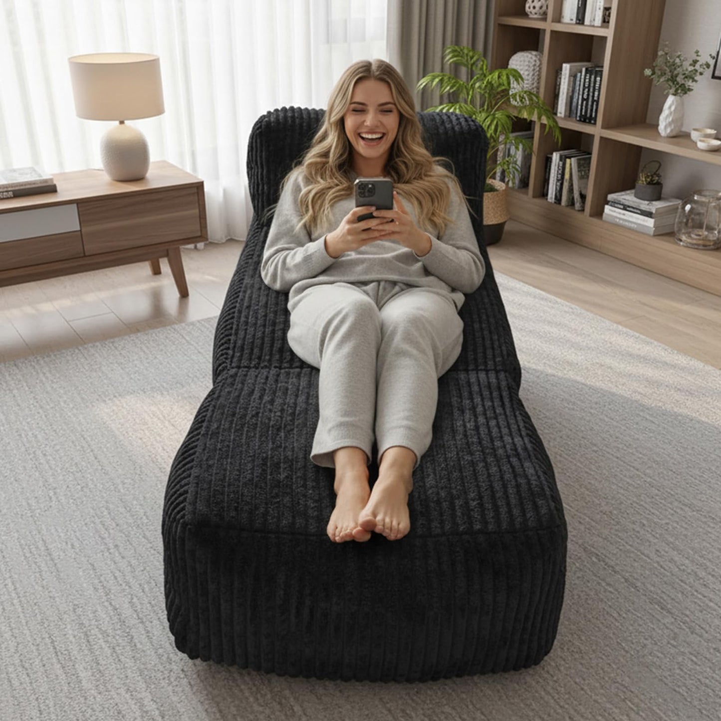 Large Memory Foam Bean Bag Chair for Adults – Big Lounger Sofa Seat for Living Room, Bedroom, or Balcony (Black)