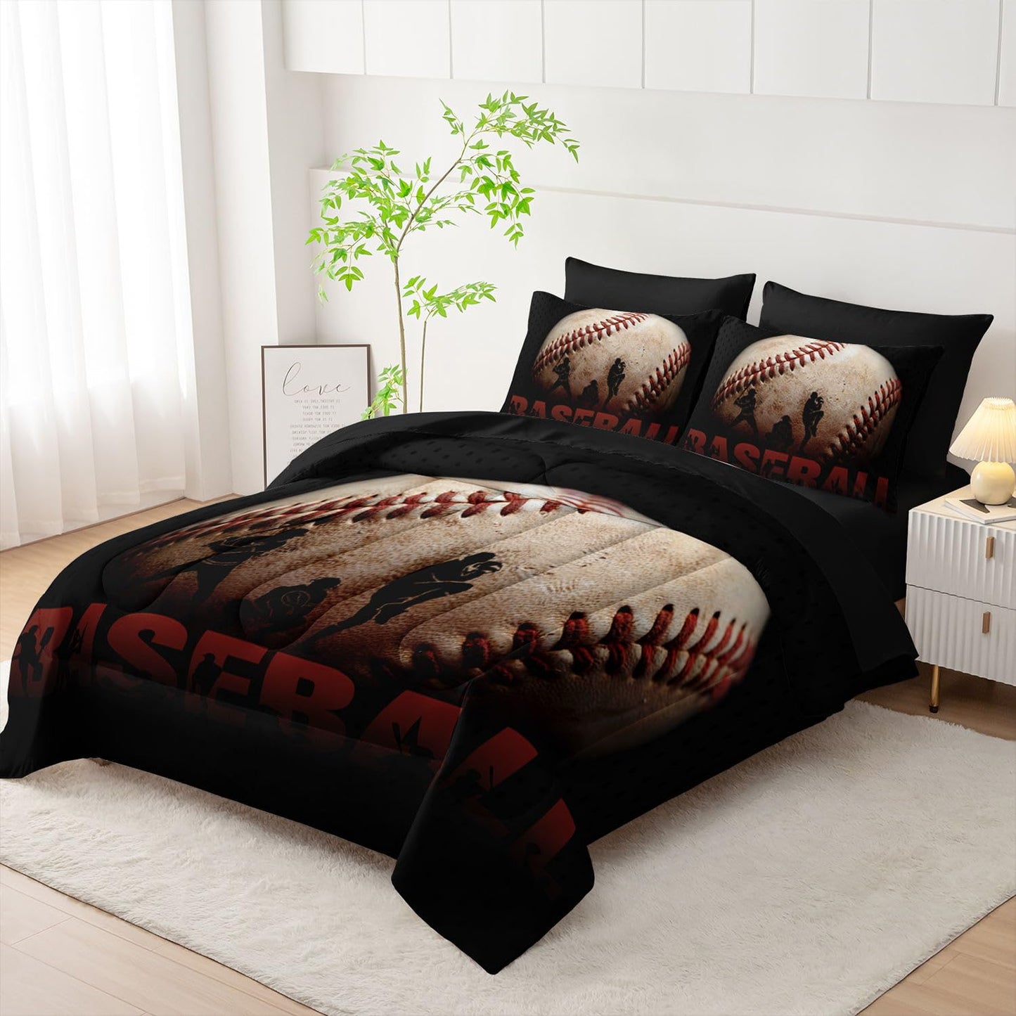 Smell Sunshine 7Pcs Baseball Comforter Set 3D Sports Themed Printed Bedding Set with 1 Comforter, 1 Flat Sheet, 1 Fitted Sheet and 4 Pillowcases for Boys and Girls Bedroom (Baseball Twin