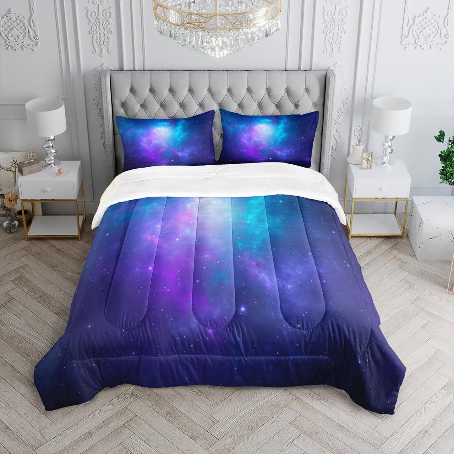XYNHML Blue and Galaxy Comforter Full Size for Girl Boy Adult 3Pcs Universe Outer Space Starry Sky Bedding Set Psychedelic Space Night Pattern Quilt Bed Set with 2 Pillow Cases