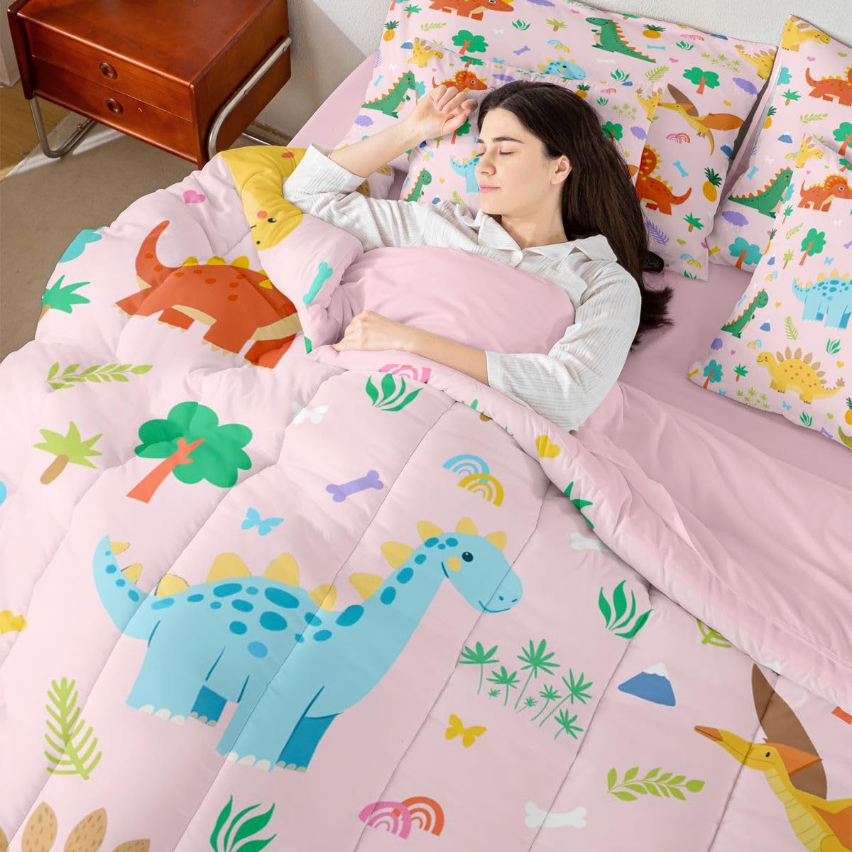 Feelyou Kids Cute Dinosaur Comforter Set with Sheets 7 Piece Full Size Pink Dinosaur Bed in a Bag Kids Boys Girls Cute Animal Bedding Set Bedroom Decor Breathable Soft Lightweight Microfiber