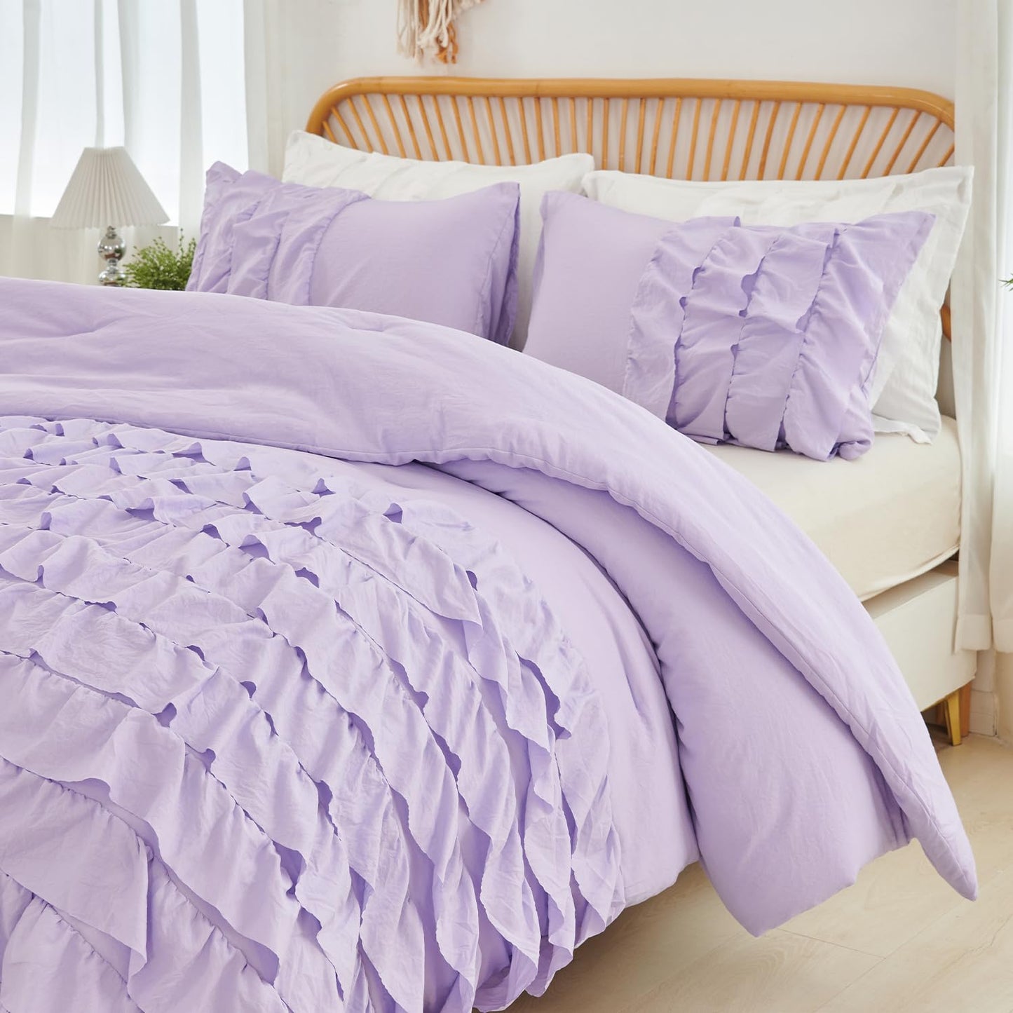 PERFEMET Lavender Purple Twin Bedding Sets for Girls 3 Pieces Multi Layers Ruffle Comforter Set Washed Microfiber Cute Princess Bedding Set Boho Bed Sets for Kids Teens Bedroom(Purple,Twin)