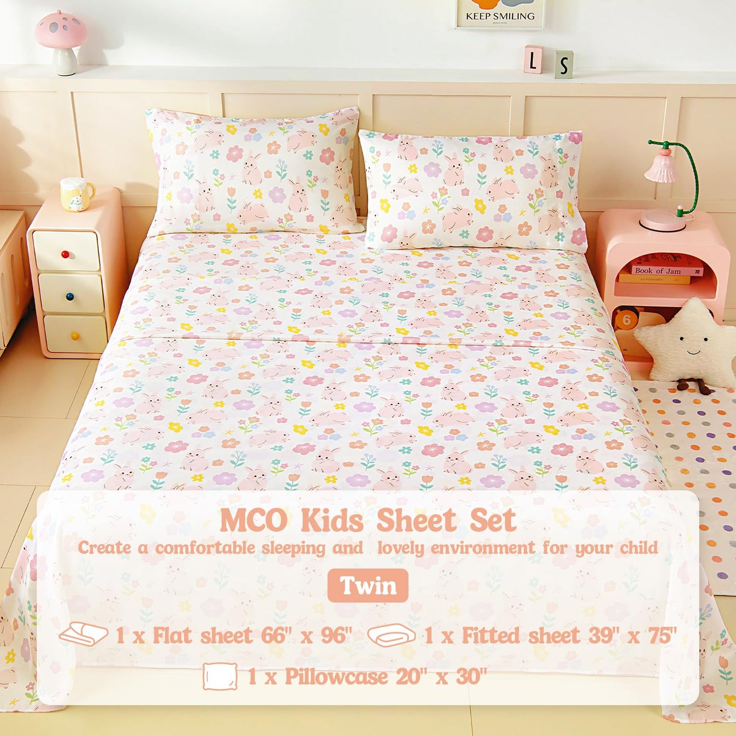 MCO Twin Sheets Set Kids, Soft Microfiber Bed Sheet Set for Boys Girls, 3 Pieces Breathable Twin Sheets Rabbit