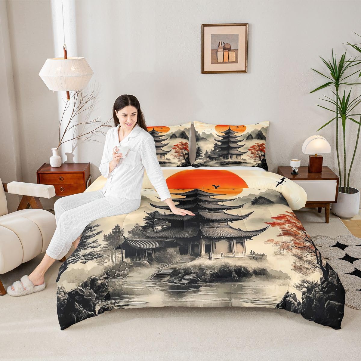 jejeloiu Chinese Ink Painting Bedding Set Soft for Boys Girls, Red Sun Mountain Comforter Set Queen Size Japanese Style Duvet Quilt Microfiber Bedroom Decor 3 Pcs with 2 Pillow Cases