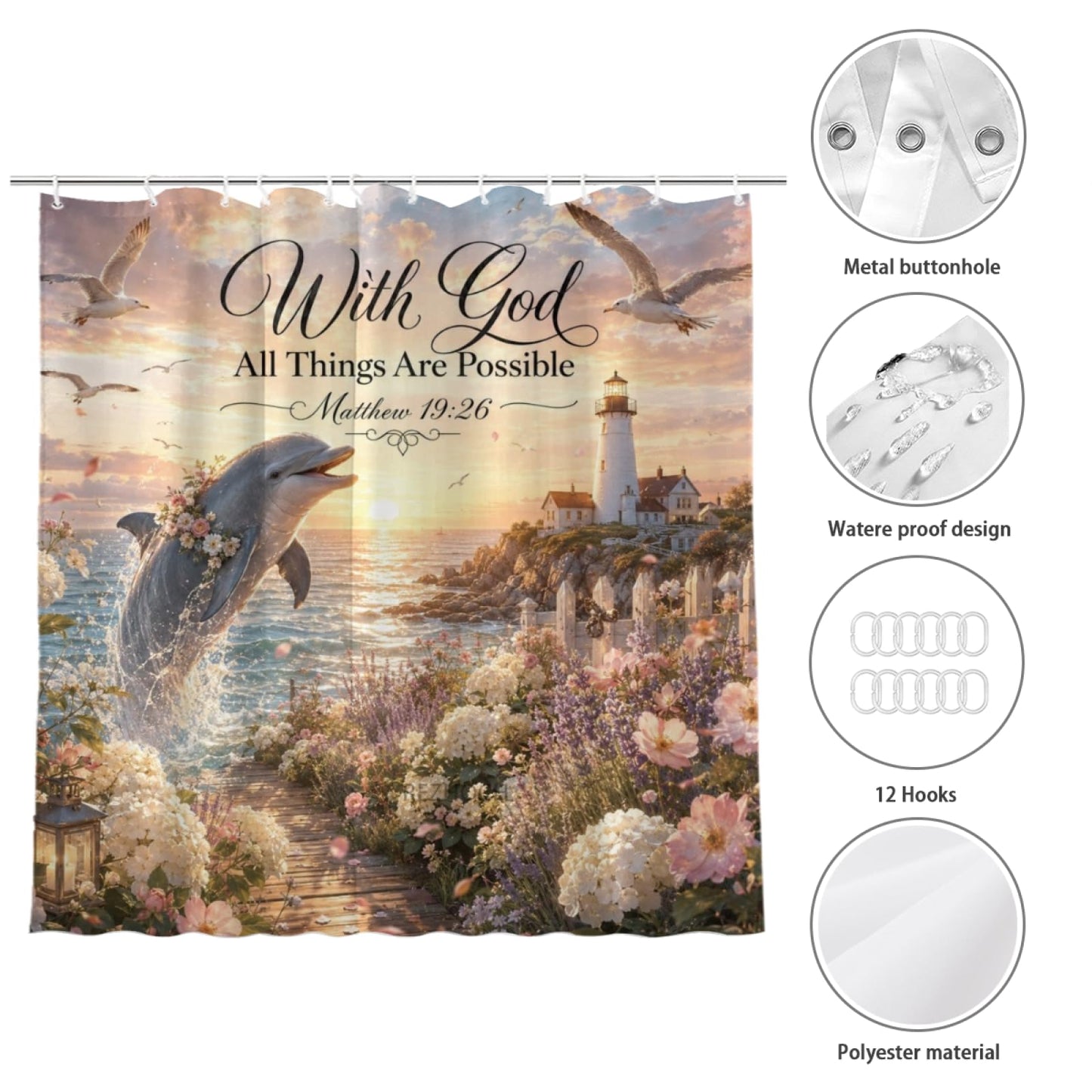 REZHOCH Coastal Cute Dolphin Shower Curtain 72x72 Inch,Lighthouse Ocean Beach Bathroom Decor,with God All Things are Possible,Animal Floral Sunset Seaside Christian Bath Set