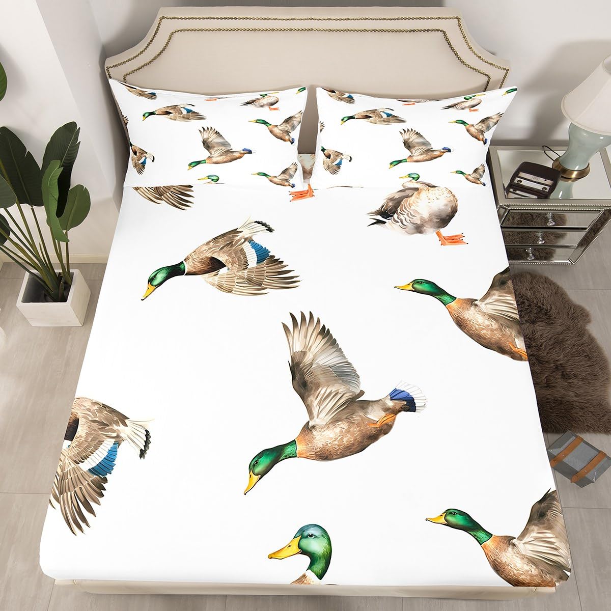 Mallard Duck Bed Sheet Set Hunting and Fishing Fitted Sheet Wild Animal Bedding Set for Boys Girls Kids Wildlife White Bed Cover Full Size with 2 Pillow Case