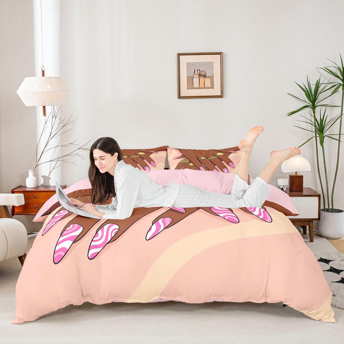 Erosebridal Romantic Makeup Themed Comforter Cover Full Size for Girls Fashion Girlish Bedding Set Black Girls Duvet Cover for Kids Teens Adult Women Bedroom Afro Vogue Princess Magical Bed Set