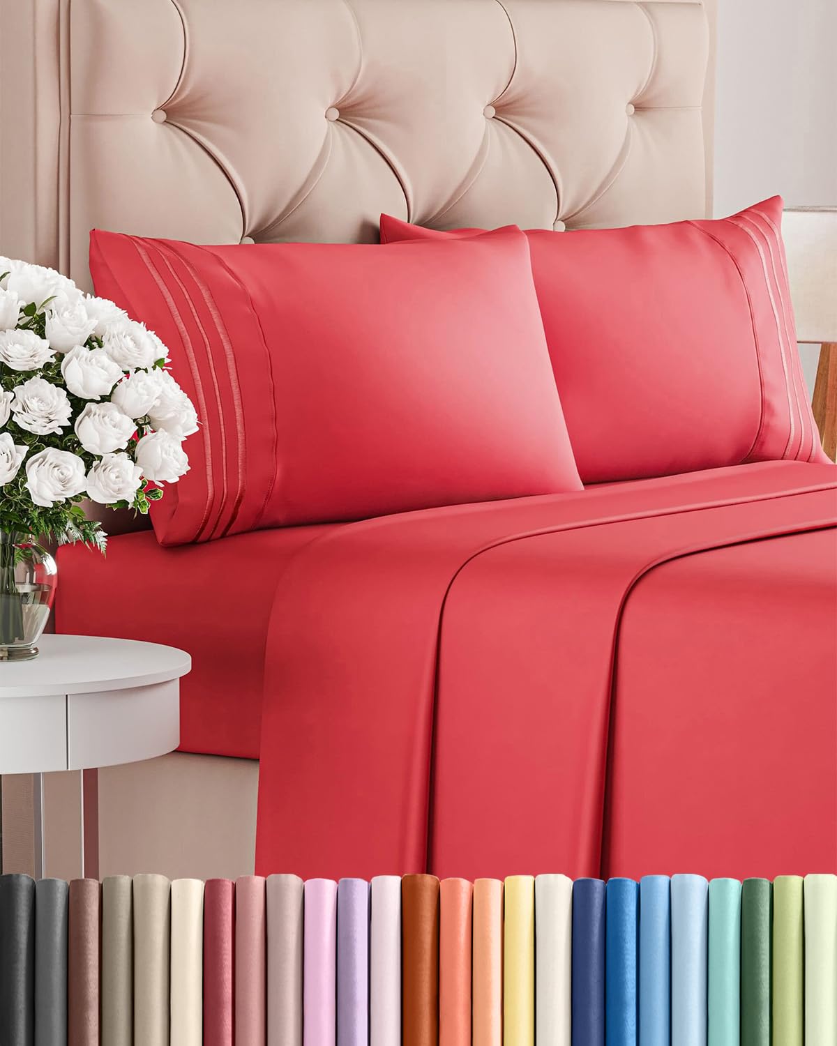 Full Size 4 Piece Sheet Set - Comfy Breathable & Cooling Sheets - Hotel Luxury Bed Sheets for Women & Men - Deep Pockets, Easy-Fit, Extra Soft & Wrinkle Free Sheets - Red Oeko-Tex Bed Sheet Set