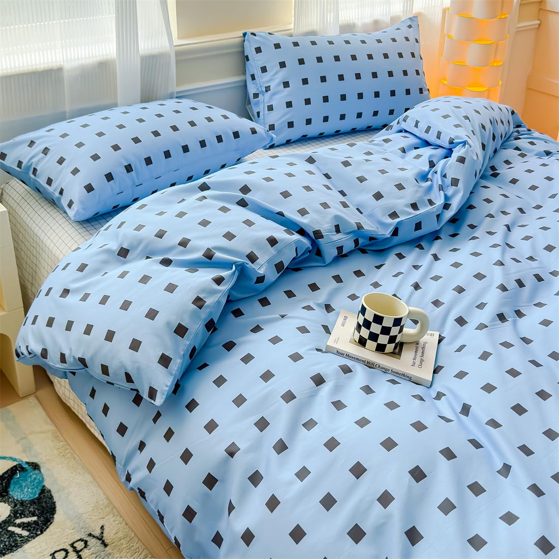 LIWHENHAO Plaid Duvet Cover Set Queen 100% Cotton Bedding Black Square Grid Checkered Dots on Blue 1 Modern Abstract Geometric Comforter Cover Full 2 Pillowcases for Kids Girls Boys Woman