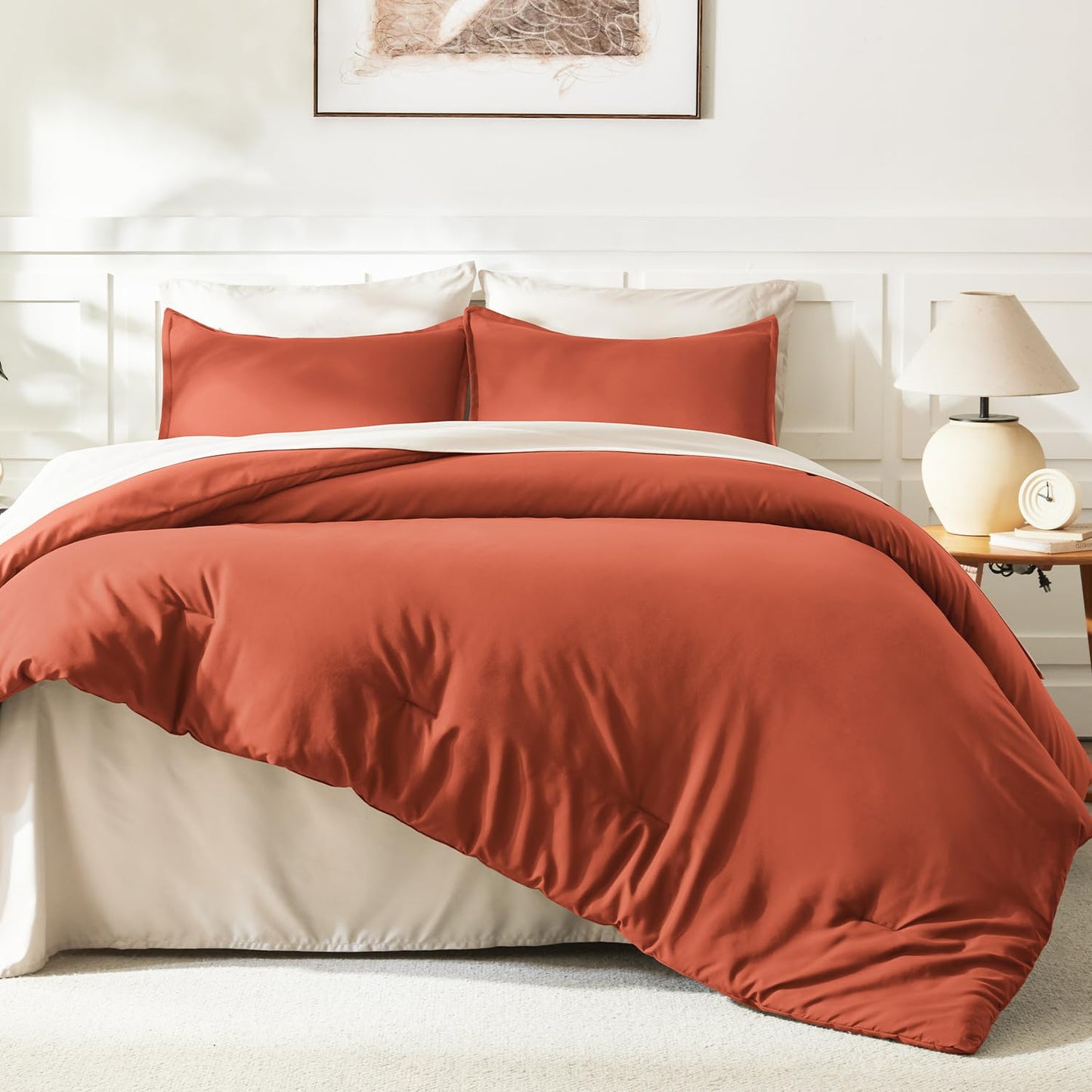 Litanika Comforter King Size Bed Set Burnt Orange, 3 Pieces Terracotta Boho Lightweight Fluffy Solid Bedding Comforter Set, Rust All Season (104x90In Comforter & 2 Pillowcases)