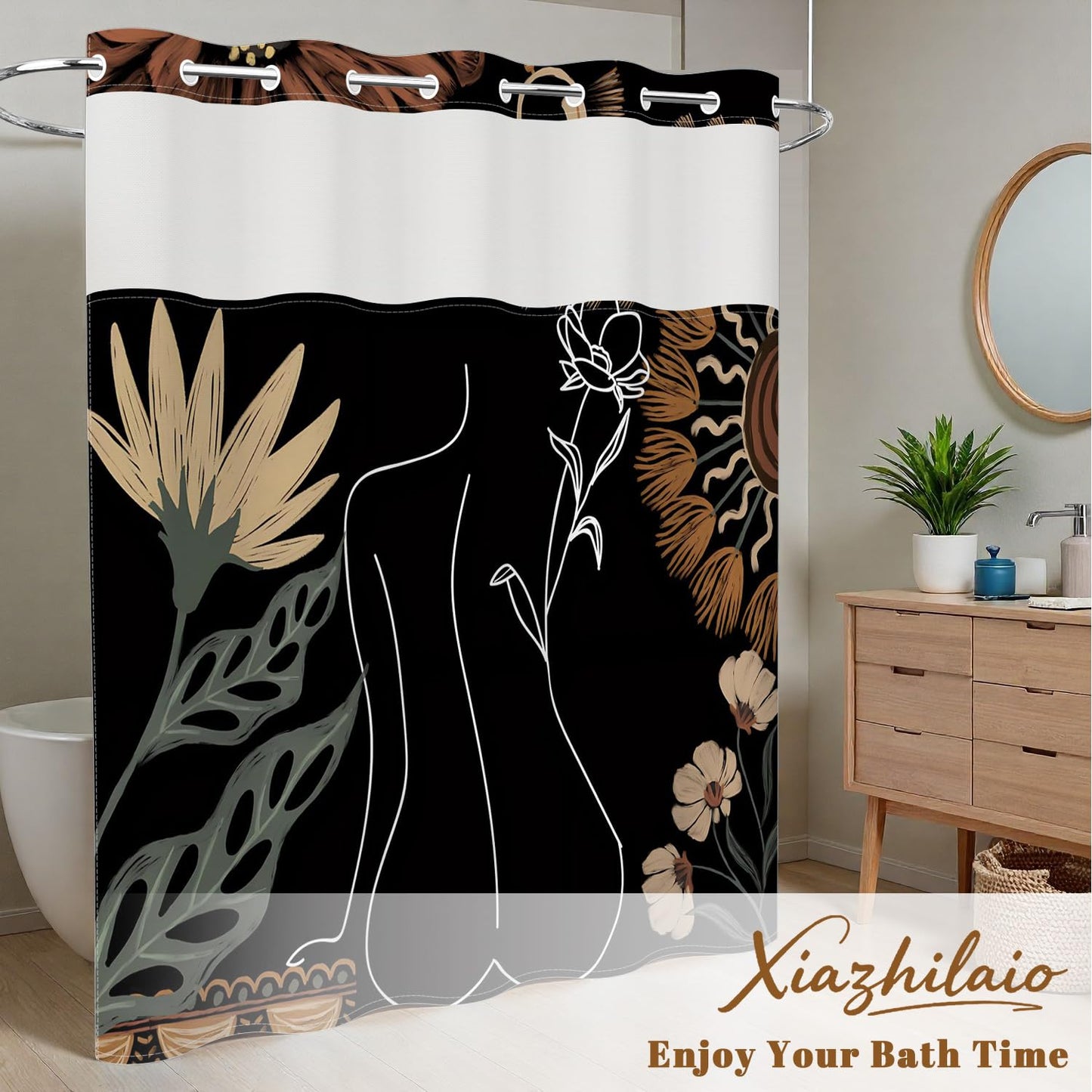 Xiazhilaio Abstract Boho Shower Curtain with Snap in Liner & Mesh Top Window - 71″W x 74″L Waterproof Fabric, Modern Floral Botanical Line Art Bathroom Curtain, Hotel Style No Hooks Bath Curtain Set