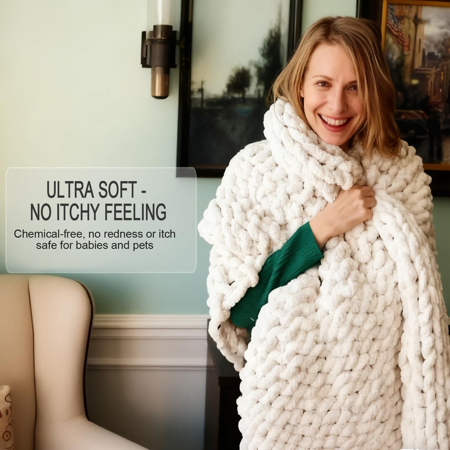 Luxury Chunky Knit Throw Blanket, Boho Chenille Cable Knit Blankets 50x60