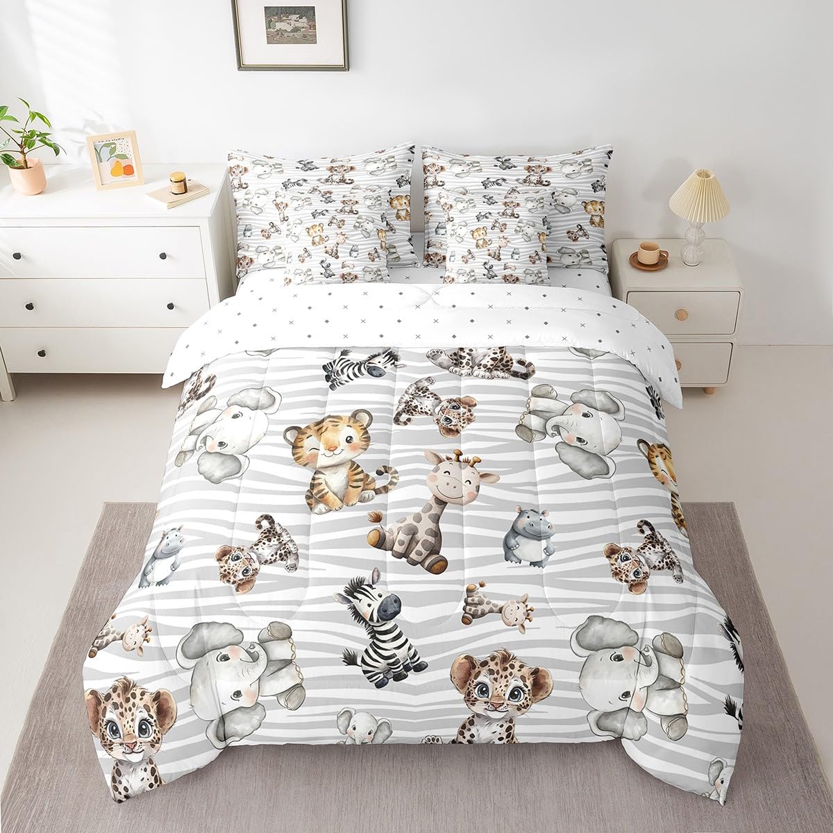 Erosebridal Nursery Safari Kids Twin Size Comforter Set with Sheets - African Jungle Animal 7-Piece Bedding Set for Girls Baby Lion Giraffe Bed in a Bag Zebra Hippo Leopard Wild Animal Bed Quilt Sets