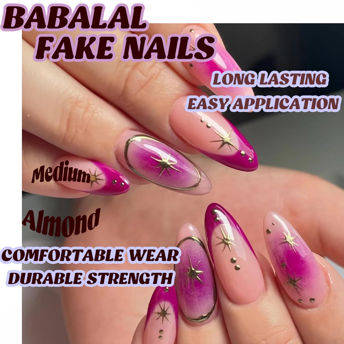 BABALAL Purple Press on False Nails Medium Almond Fake Nails Ombre Glue on Acrylic Nails French Tip Y2k Star Design Supplies 24Pcs Full Cover for Women Girls