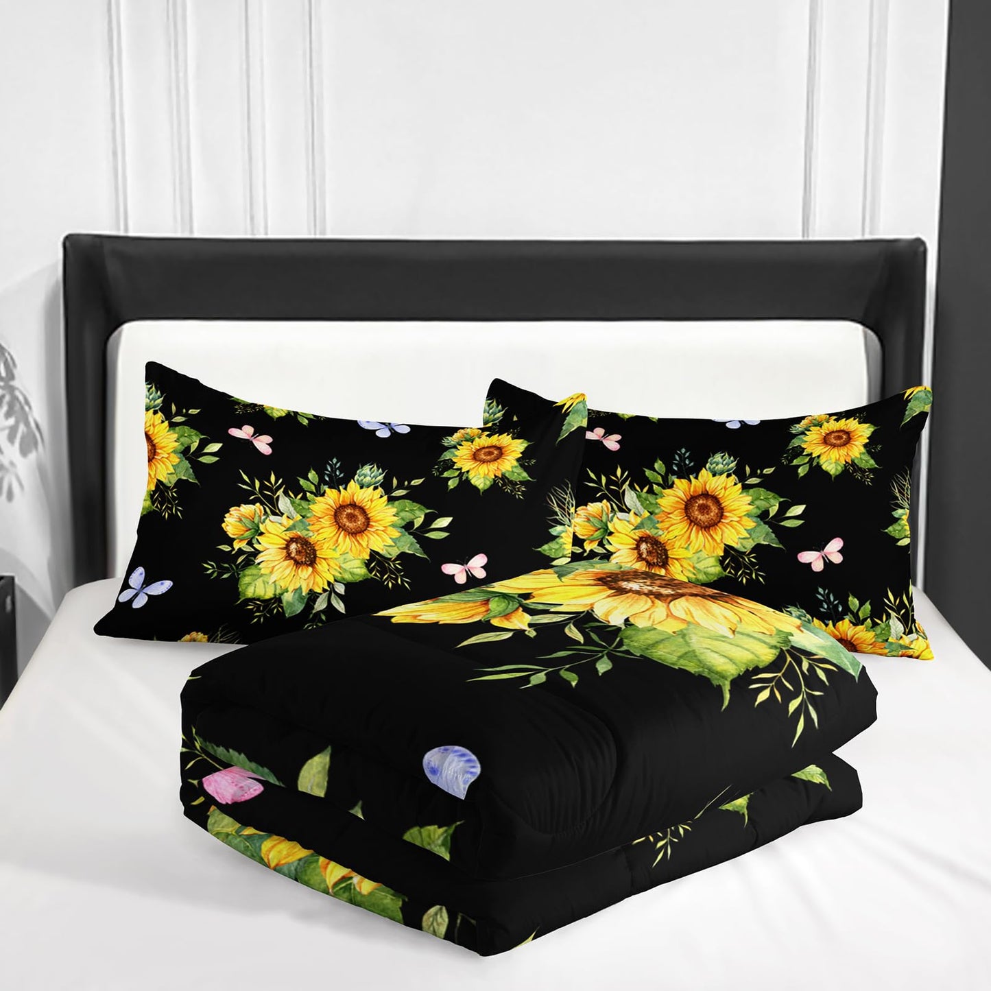 Nttopship Black 3 Piece Sunflower Comforter Sets Full Size, Farmhouse Floral Bedding Set for Girls Boys Adults,3 Piece Bed in A Bag, Ultra Soft Microfiber All Season Yellow Flower Bedding Set