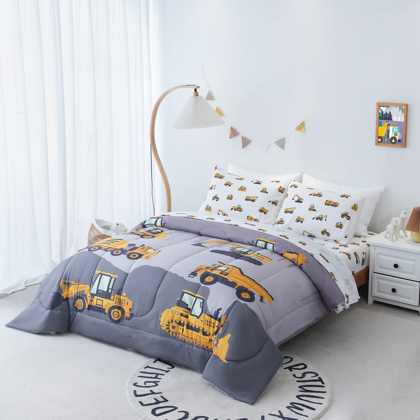 Cokouchyi Twin Size Comforter Set for Boys, 4-Piece Bed in a Bag, 3D Construction Bedding Comforter Sheet Set, Ultra Soft and Fluffy, Cartoon Truck Cars