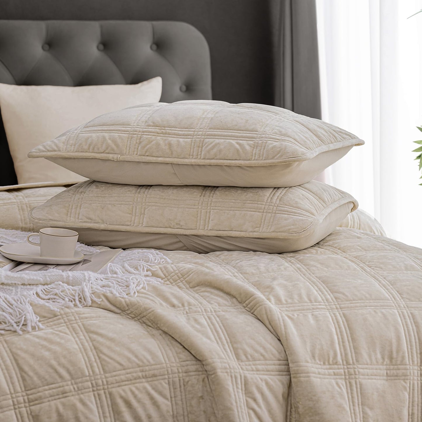 PHF Ultra Soft Velvet Quilt Set Queen Size – 3PCS Luxurious Cozy Quilted Comforter Alternative with Diamond Pattern, Warm Quilted Bedspread Coverlet, 90" x 92", Oxford Tan