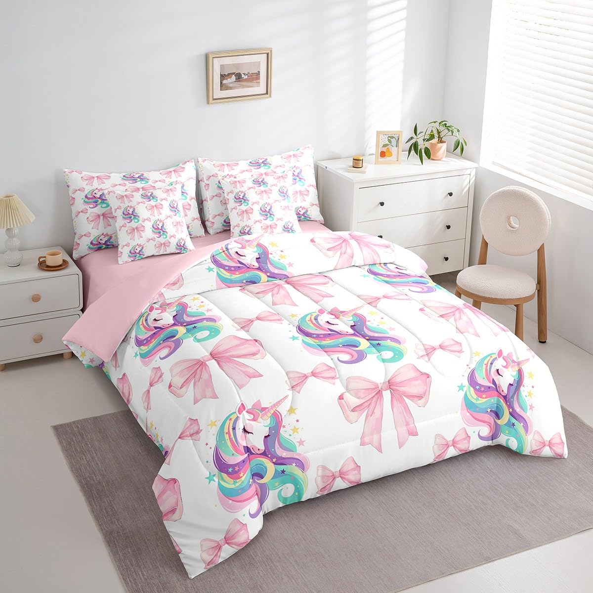 Erosebridal 7 Piece Girls Pink Bowknot King Bedding Set,Kawaii Rainbow Unicorn Kids Comforter Set for Teens,Dreamy Princess Style Quilt,Girly Unicorn Bow Tie Sheet Set with Comforter