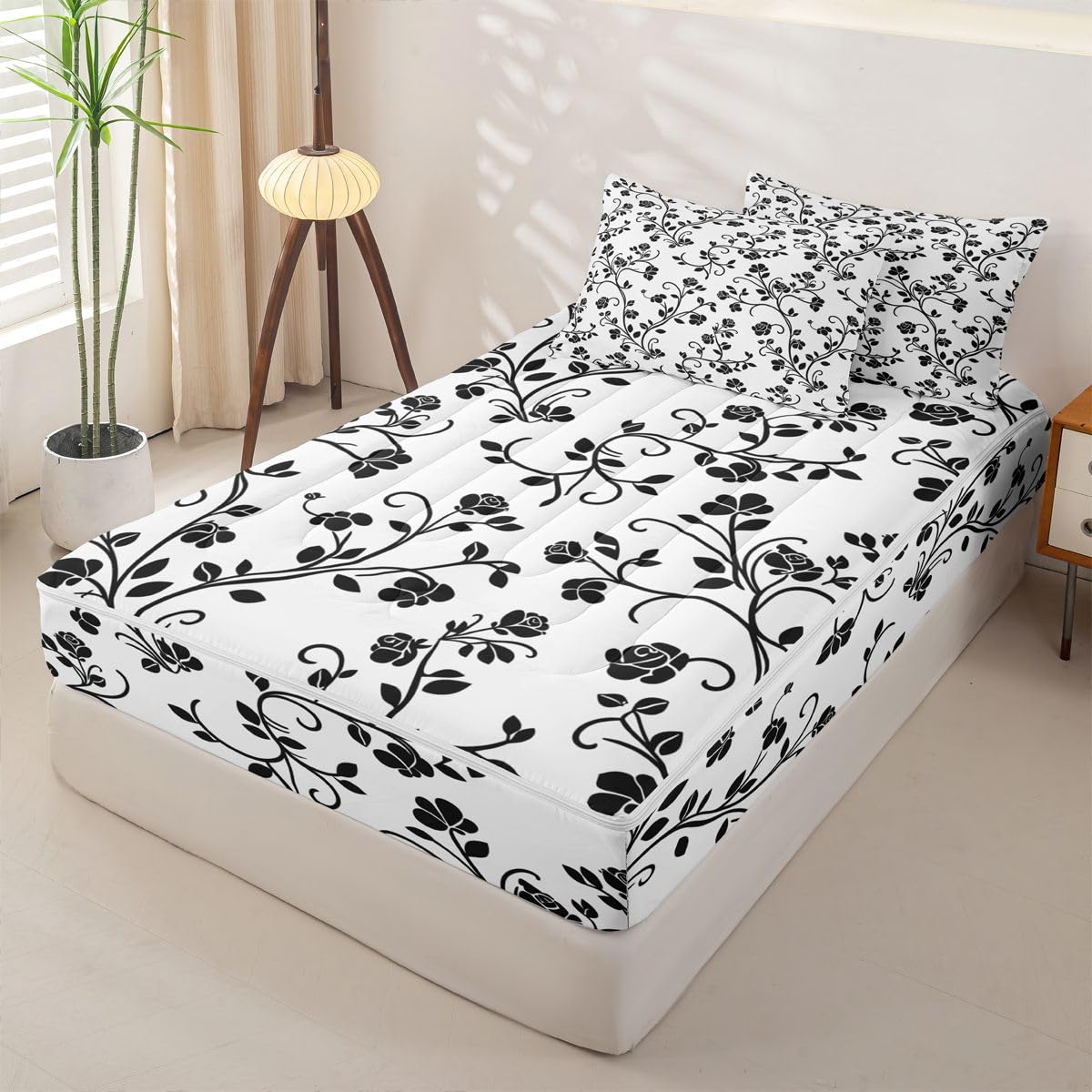 jejeloiu Retro Black White Rose Comforter Set Queen Size Zipper Bedding Set for Girls Boys Floral Comforter with Fitted Sheet, Pillowcases Botanical Flowers Zipper Bedding Soft Breathable Bed in a Bag
