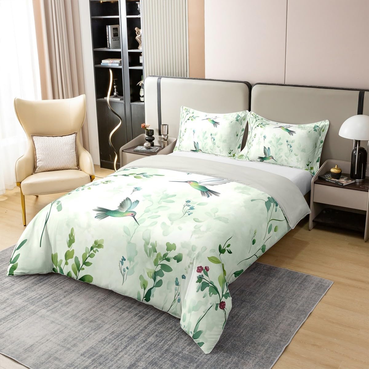 Erosebridal Abstract Grass Green Leaf Full 100% Cotton Duvet Cover, Turquoise Hummingbird Bedding Set, Mint Green Boho Bedclothes, Watercolor Botanical Aesthetic Comforter Cover