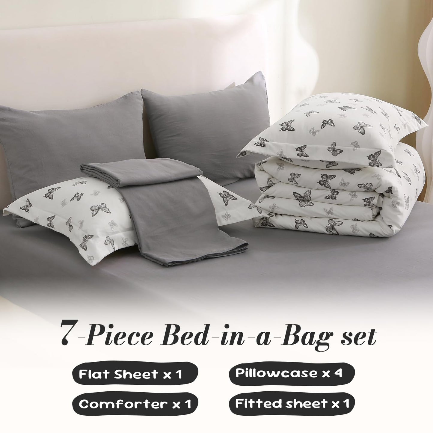 Jameswish 7 Pieces Black Butterfly Comforter Set for Girls Kids Soft Fluffy Bedding Set Full Size Bed in A Bag as Gifts (1 Comforter, 1 Flat Sheet, 1 Fitted Sheet, 2 Pillowcase and 2 Pillow Sham)