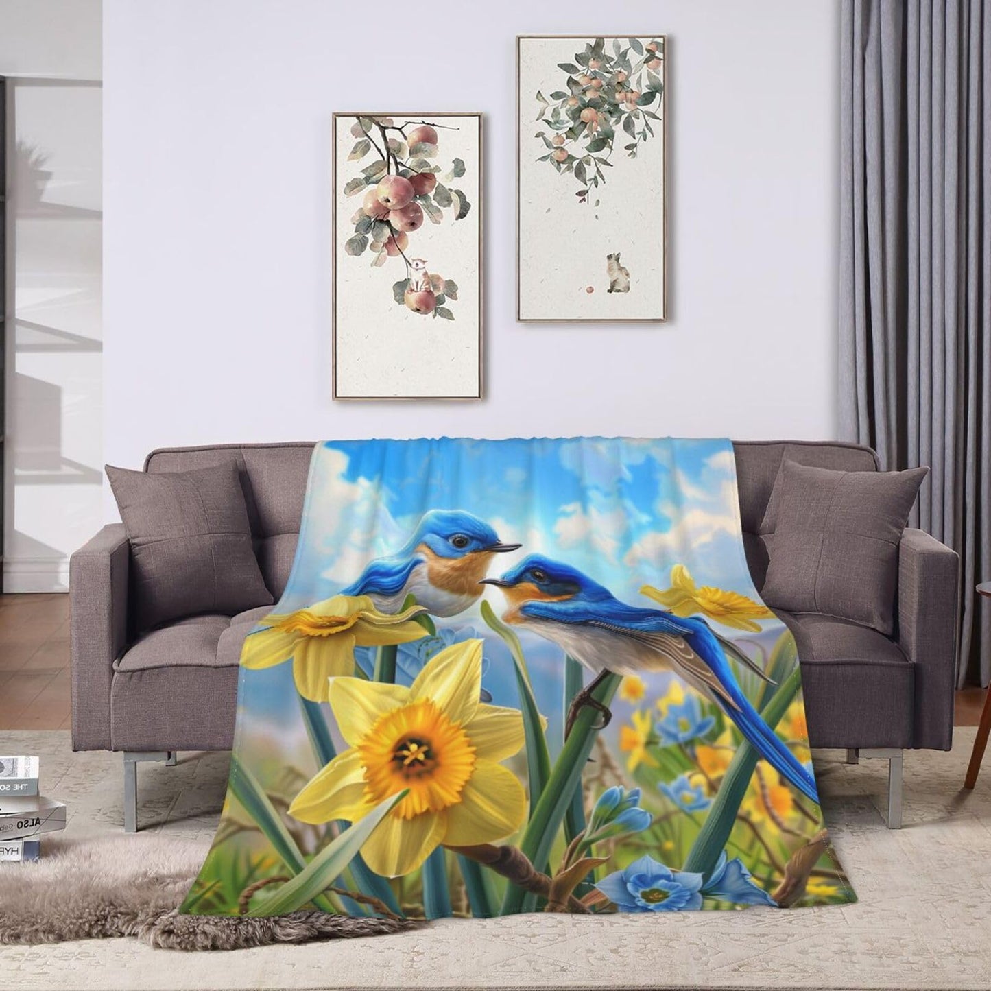 Qycazzw Bluebird Blanket Gifts for Women Kids, Bird and Floral Theme Flannel Blankets, Warm Cozy Soft Throw for Bedroom, Camping, Couch, Decor 50x60 in