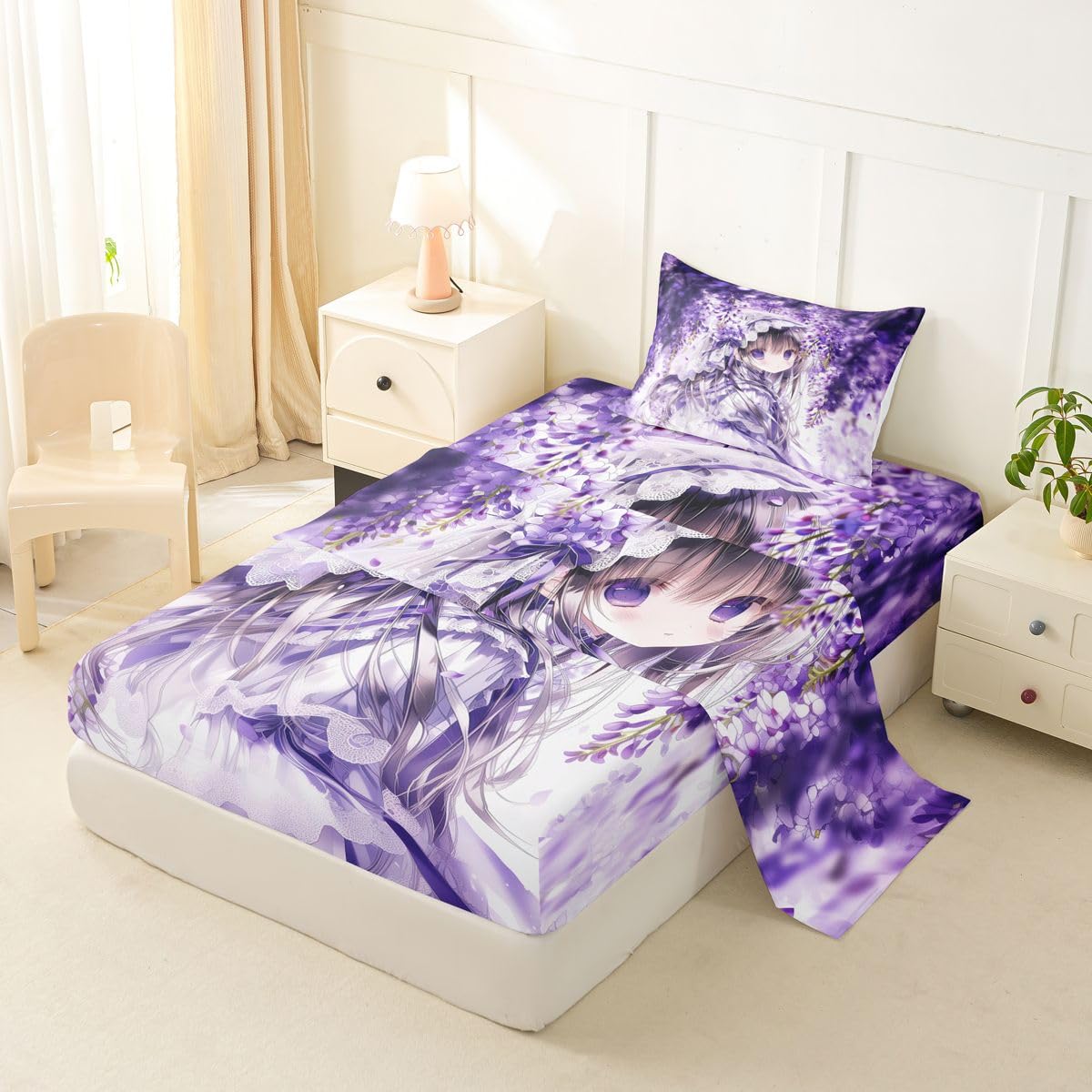 Erosebridal Lilac Flower Girl Bed Sheets Set Purple Spring Floral Sheets Twin,Anime Girl Sheet Set for Boys Girls Cartoon Anime Gift Bedding Sets Bedroom Decor 3 Pieces