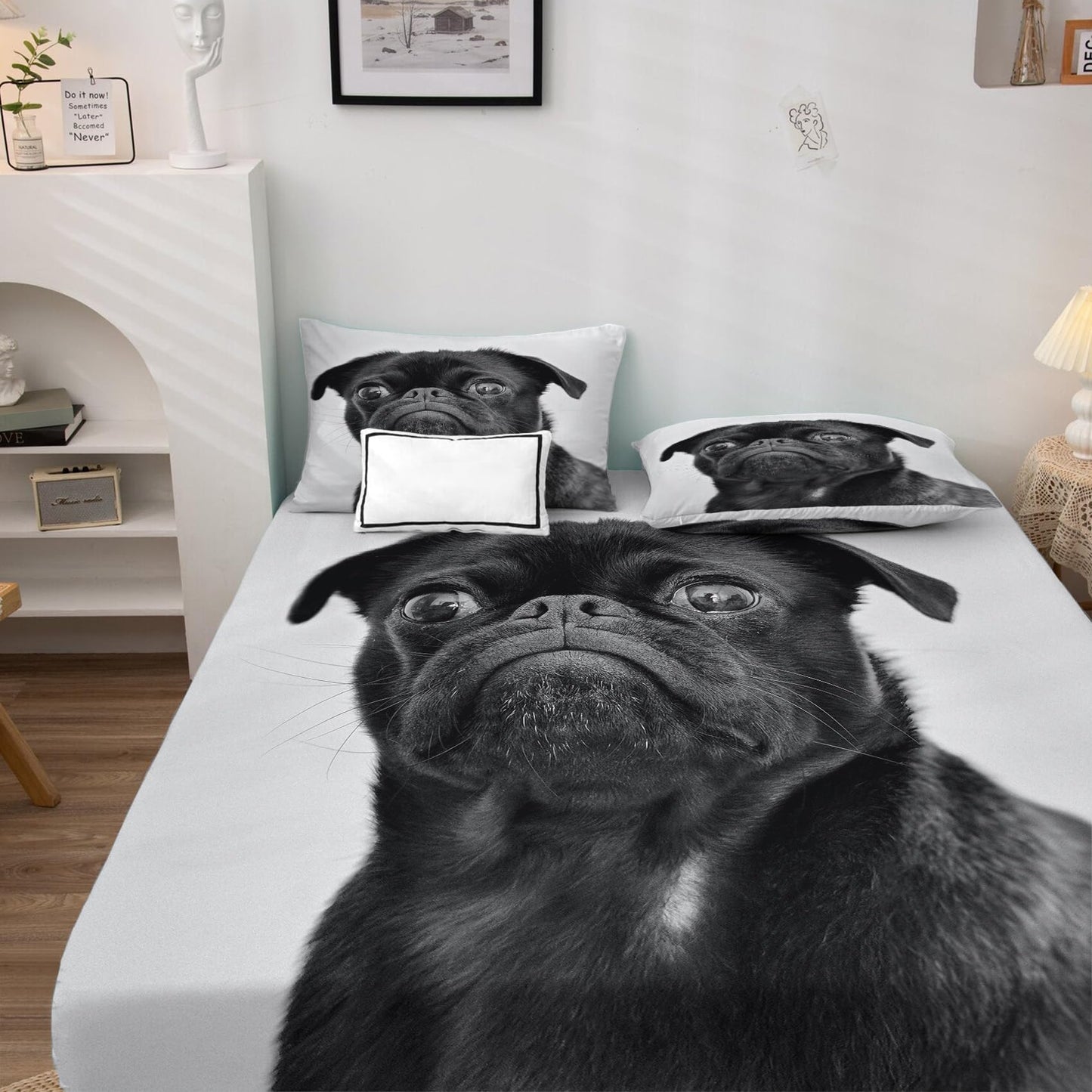 THYUNQ Pug Sheets Full Size Bed, 3D Animal Dog Pattern Bedding Sheets & Pillowcases - 16 Inch Deep Pocket, Super Soft Microfiber Printed Sheet Set 4 Piece