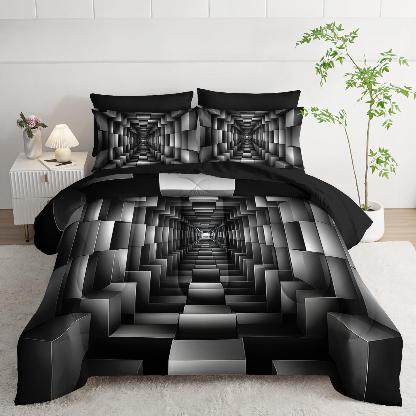 lneffble 7 Piece Black and White Checkered Comforter Set Queen，Geometric Bedding Set Boys，Geometric Bedroom Decor，(1 Comforter, 1 Flat Sheet, 1 Fitted Sheet, 2 Pillowcase and 2 Pillow Sham)