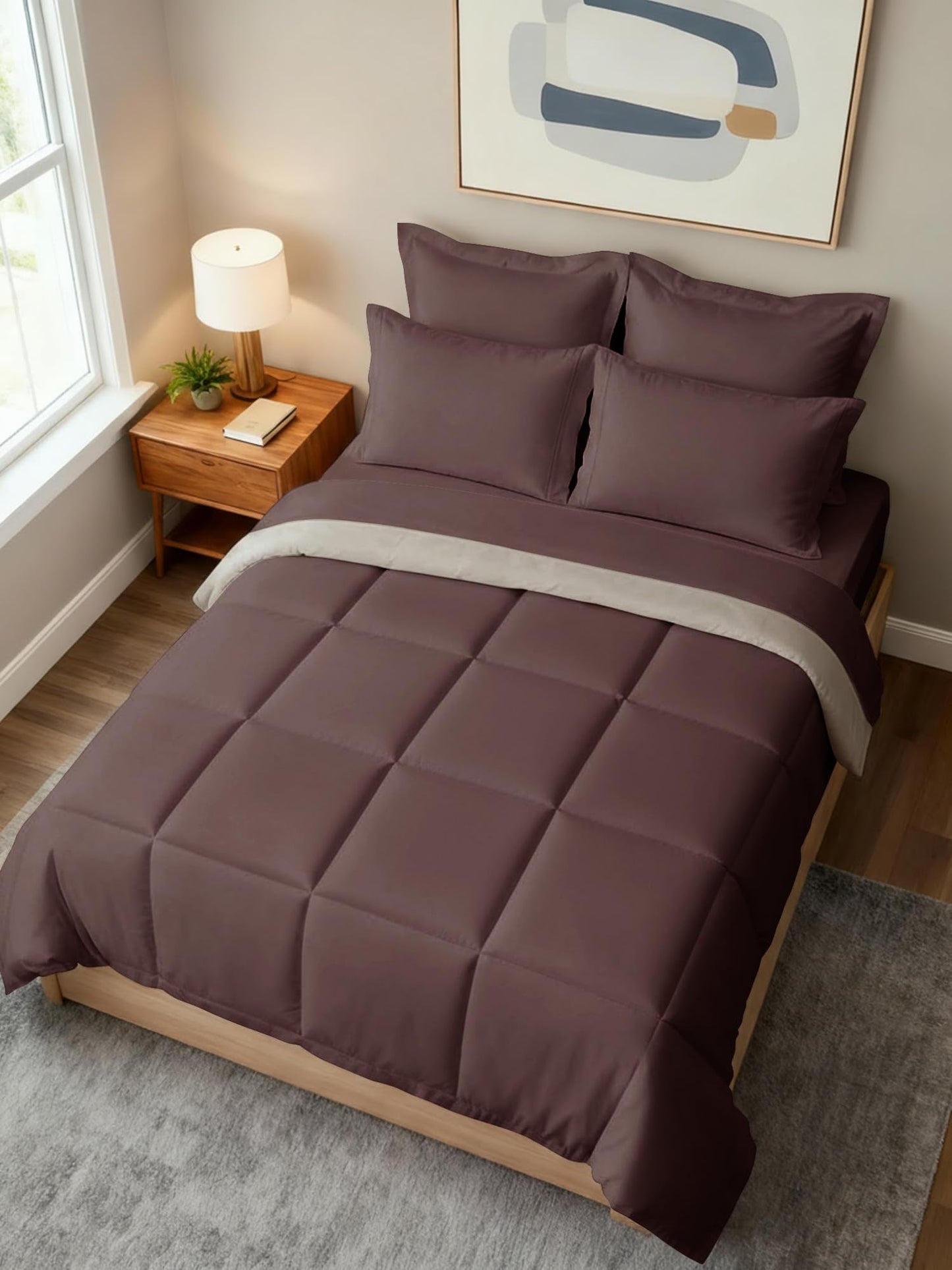 Queen Comforter Set Brown/Beige - Bed in a Bag Queen Size 7 Pieces - Down Alternative Lightweight Reversible Comforter Bedding Set with Flat Sheet, Fitted Sheet, Pillowcases and Shams for All Seasons